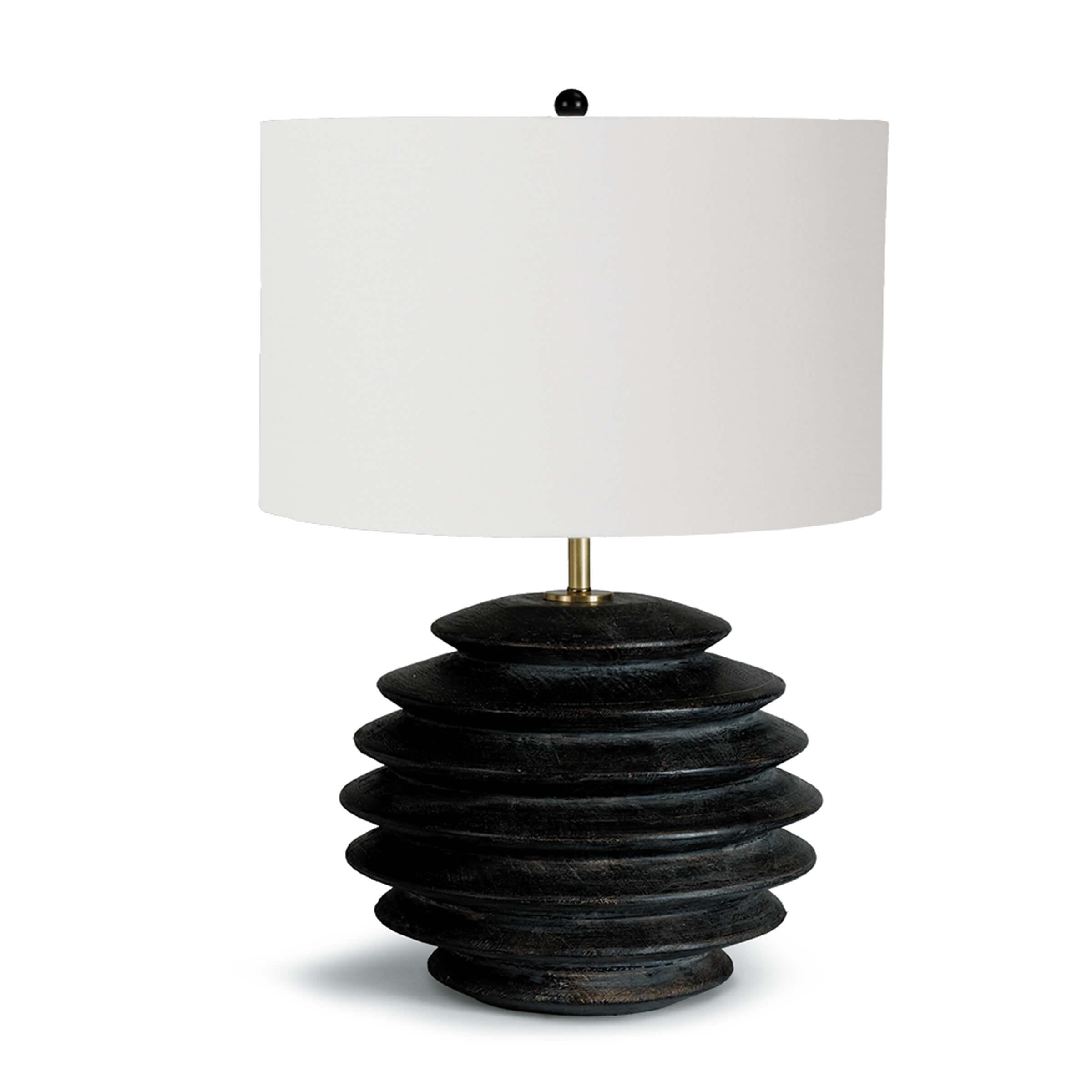 Accordion Table Lamp Round featuring a birch wood body with ebony finish and a white shade, showcasing its elegant design.