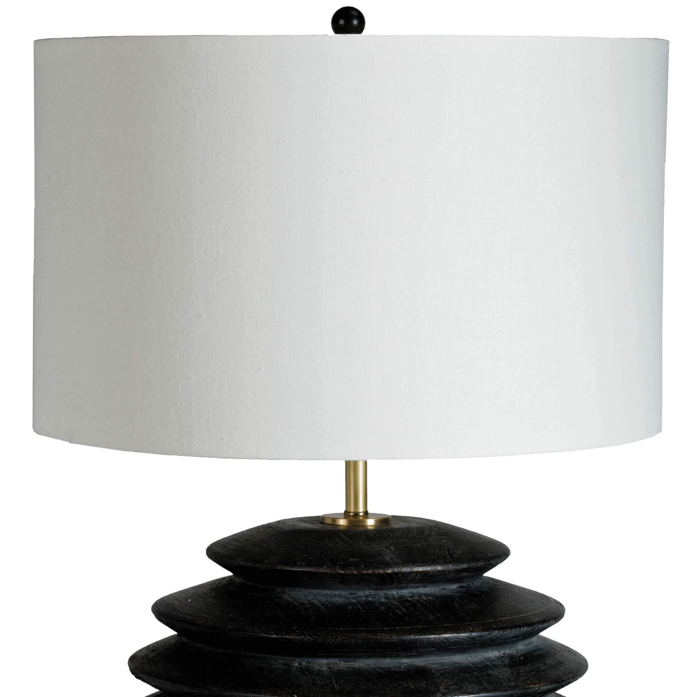 Accordion Table Lamp Round featuring a birch wood body with ebony finish and a white shade, showcasing its elegant design.