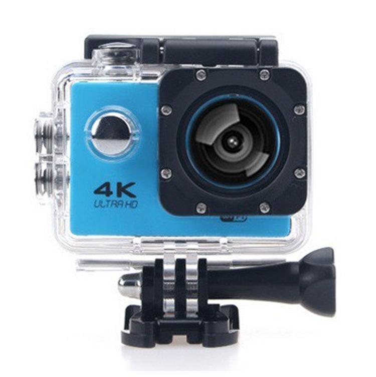 Action sports video camera in various colors, showcasing its waterproof design and LCD screen.