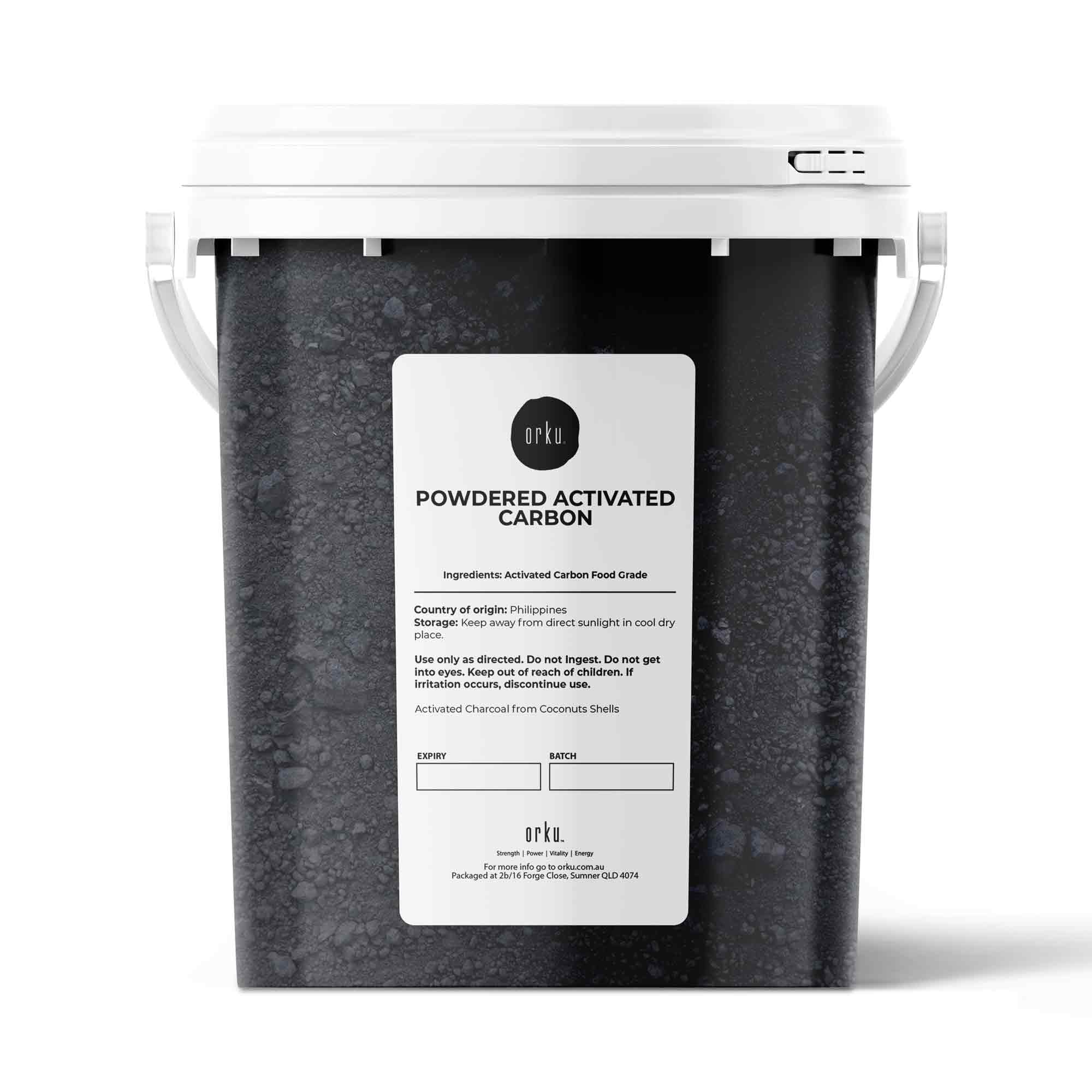 A bucket of Activated Carbon Powder Coconut Charcoal, ideal for teeth whitening and skin care, showcasing its fine black powder texture.