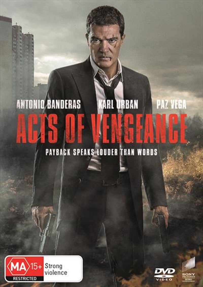 Acts Of Vengeance DVD cover featuring a determined lawyer in a dramatic pose, symbolizing his quest for revenge.