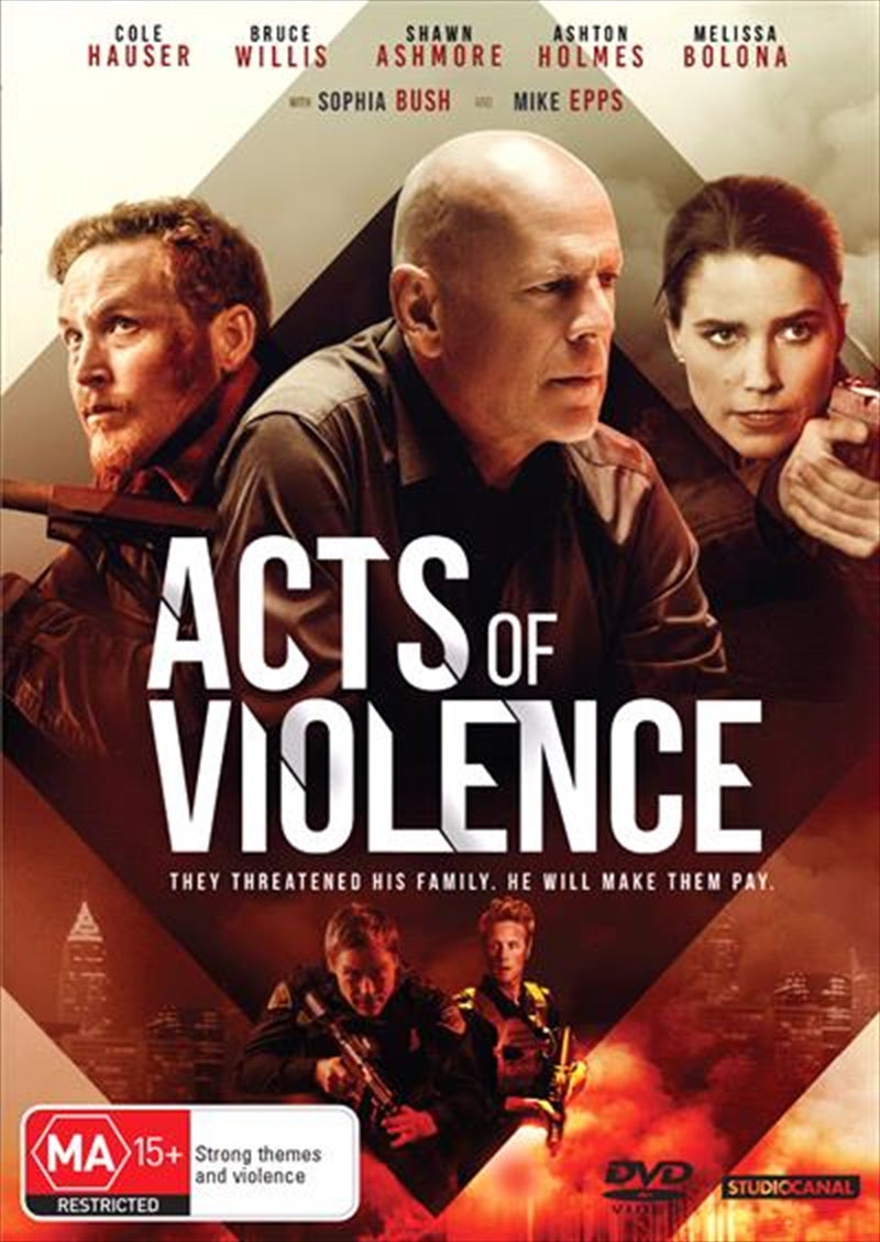 Acts Of Violence DVD cover featuring Ashton Holmes and Bruce Willis in an intense action scene.