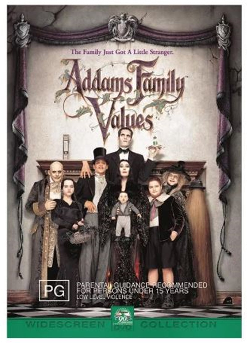 Addams Family Values DVD cover featuring Gomez, Morticia, and baby Pubert with a spooky yet charming design.