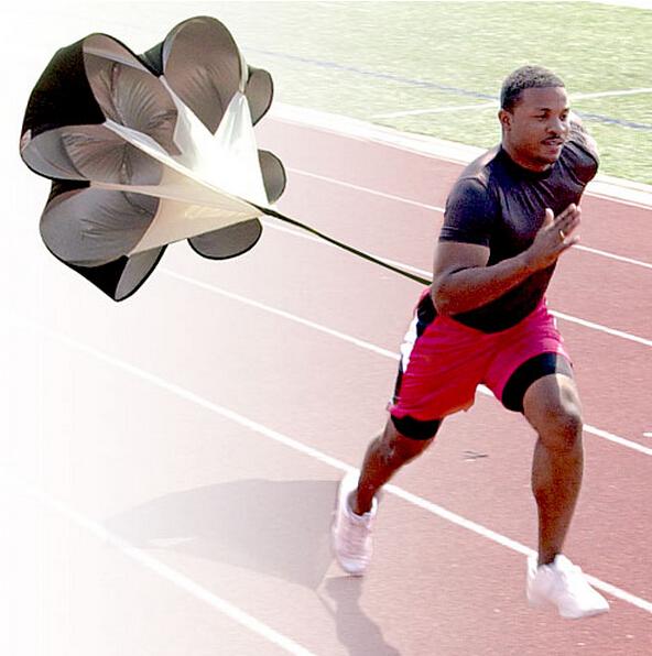 Adjustable Speed Training Resistance Parachute in black, featuring a 56-inch diameter and adjustable harness for enhanced speed training.