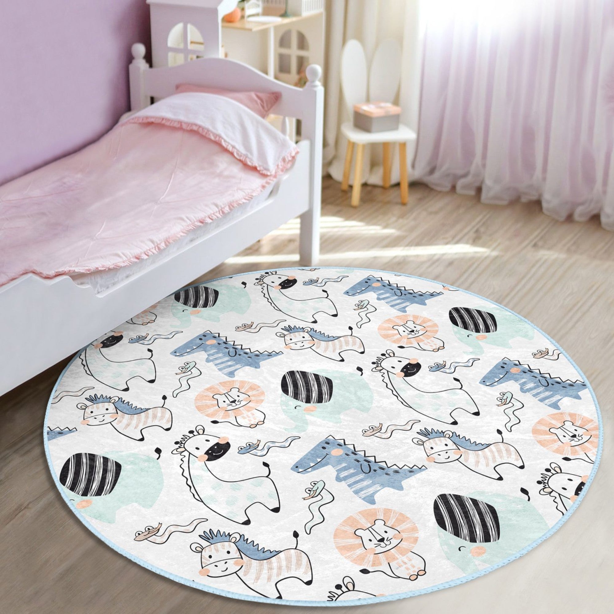 A colorful kids' room rug featuring adorable animal designs, made from soft velvet fabric, perfect for children's bedrooms.