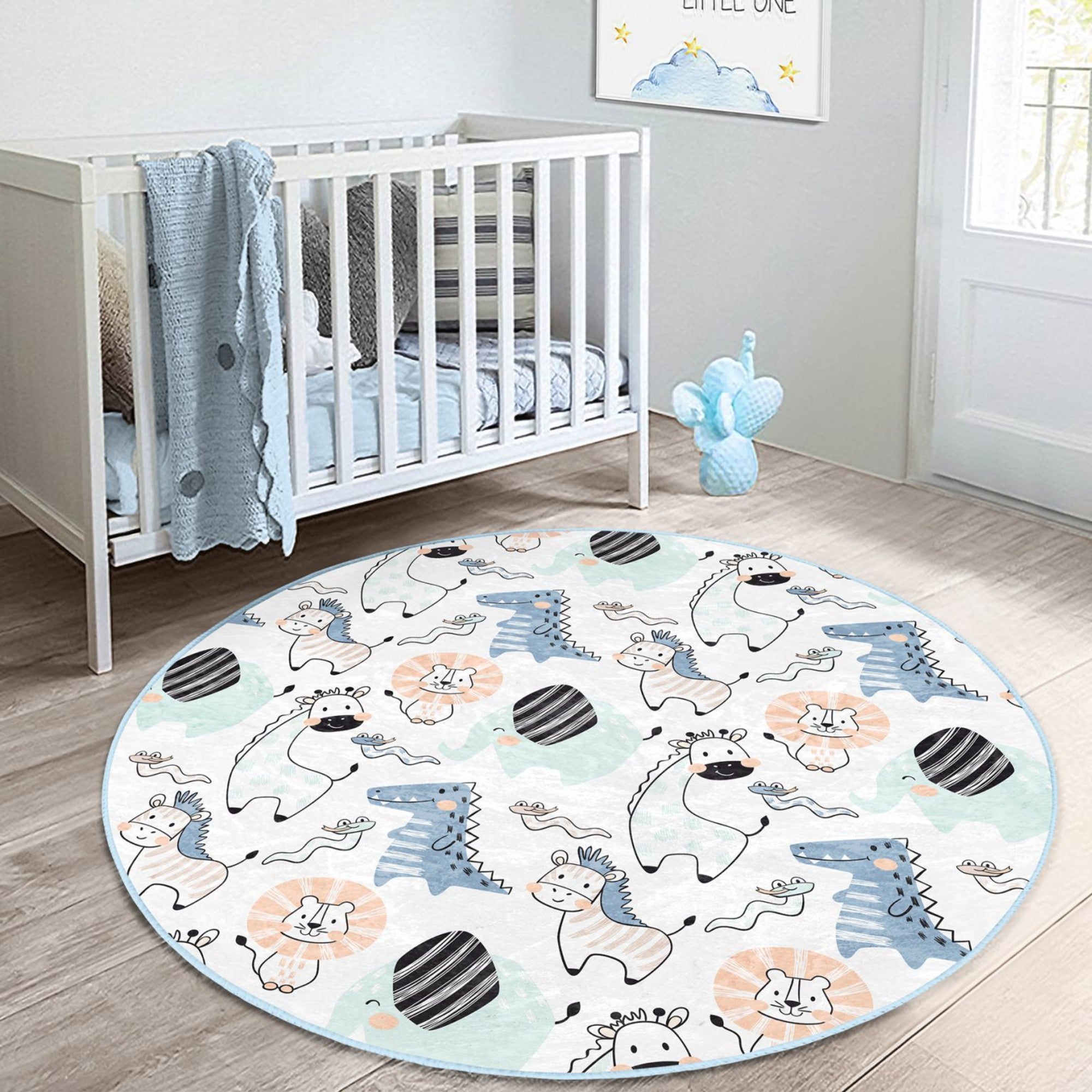 A colorful kids' room rug featuring adorable animal designs, made from soft velvet fabric, perfect for children's bedrooms.