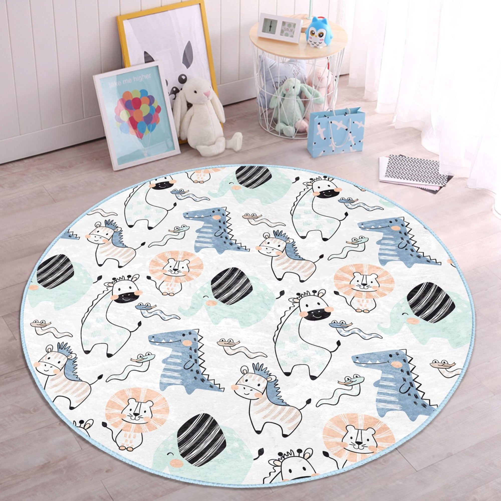 A colorful kids' room rug featuring adorable animal designs, made from soft velvet fabric, perfect for children's bedrooms.