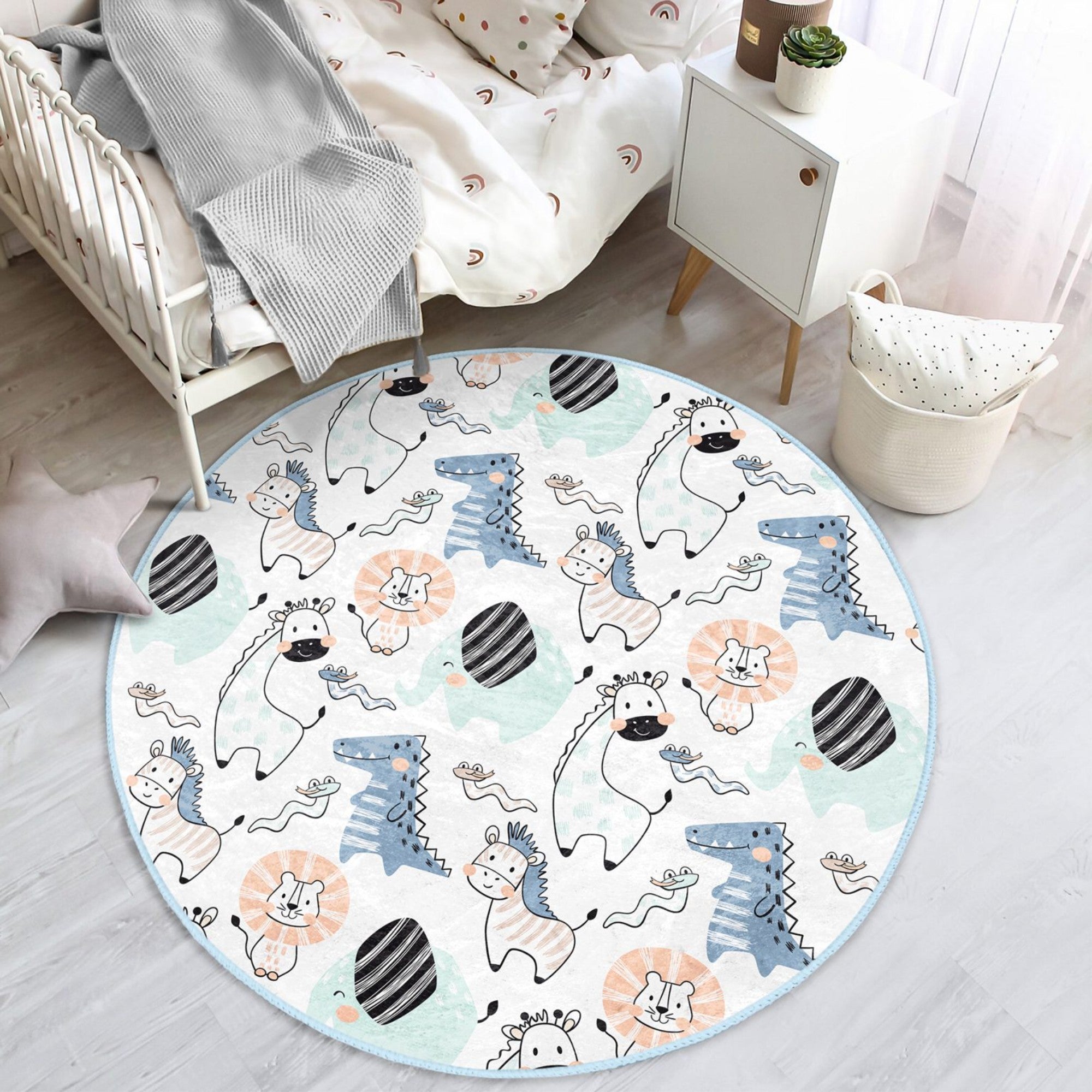 A colorful kids' room rug featuring adorable animal designs, made from soft velvet fabric, perfect for children's bedrooms.