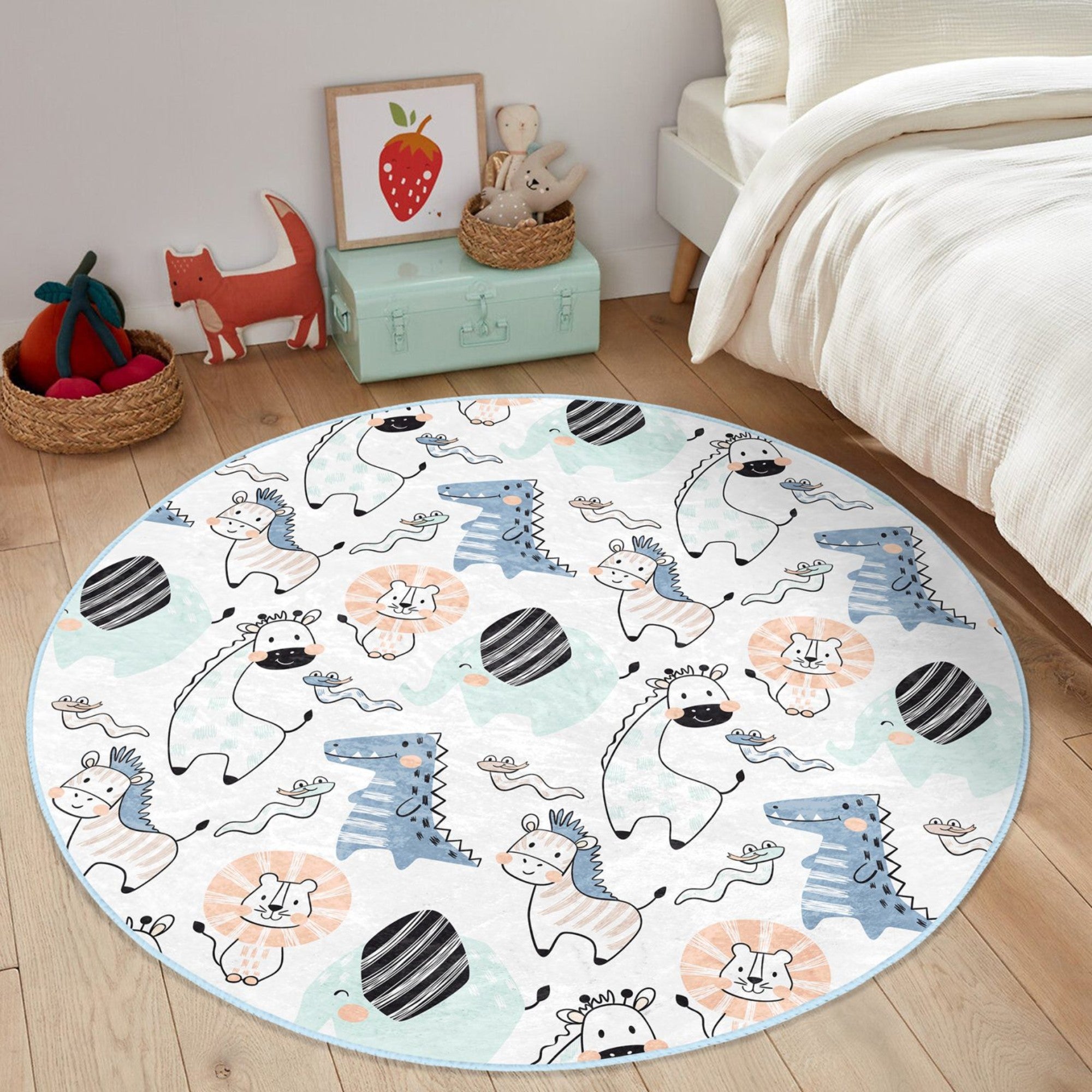 A colorful kids' room rug featuring adorable animal designs, made from soft velvet fabric, perfect for children's bedrooms.