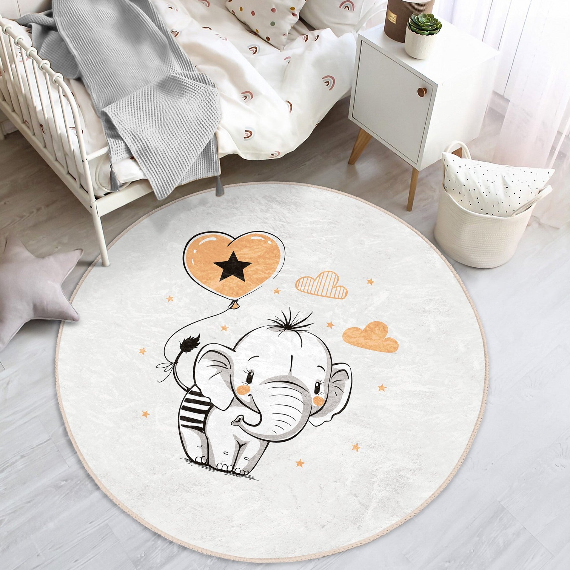 Adorable Baby Elephant Nursery Room Rug featuring a cute elephant design, soft velvet fabric, and vibrant colors, perfect for children's rooms.