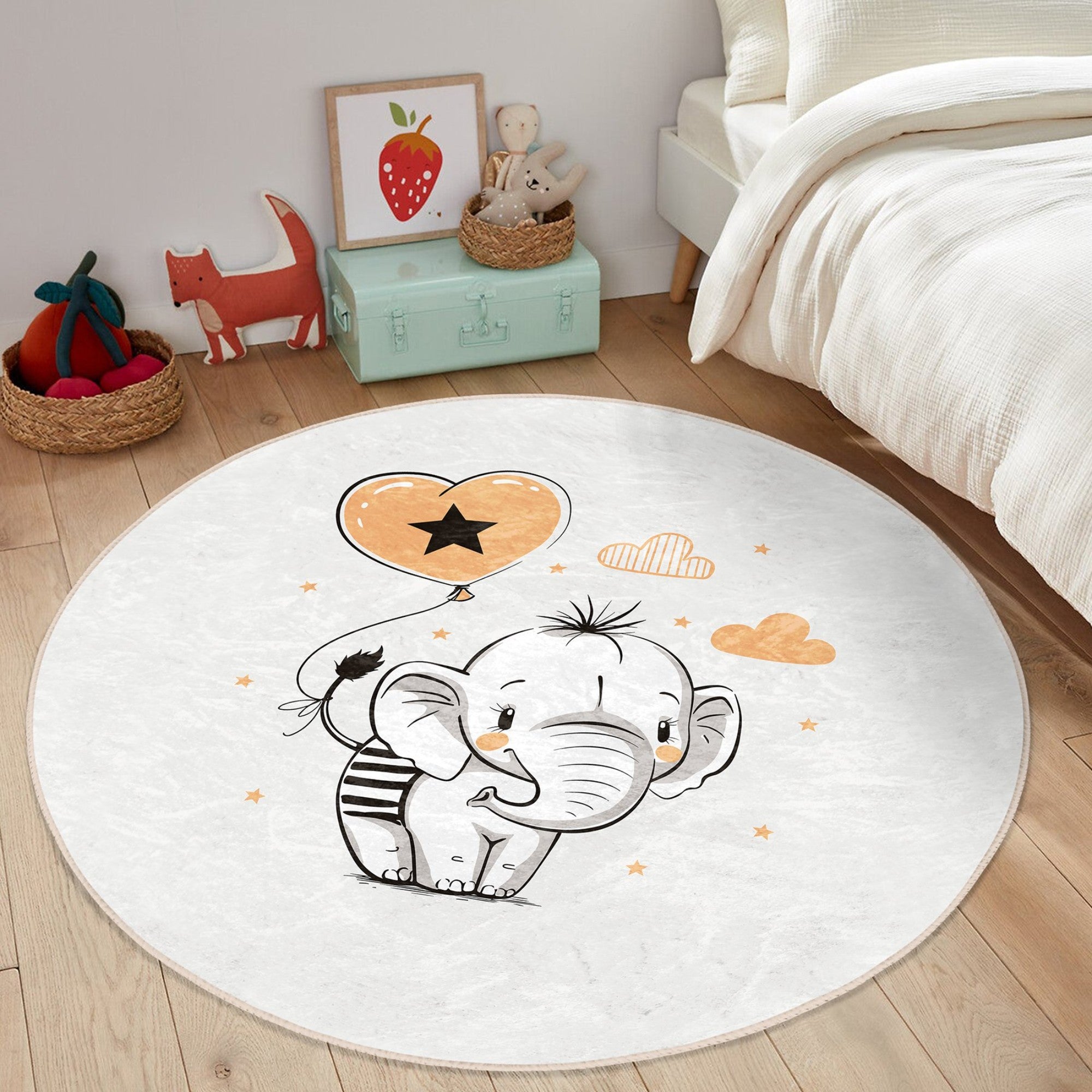 Adorable Baby Elephant Nursery Room Rug featuring a cute elephant design, soft velvet fabric, and vibrant colors, perfect for children's rooms.