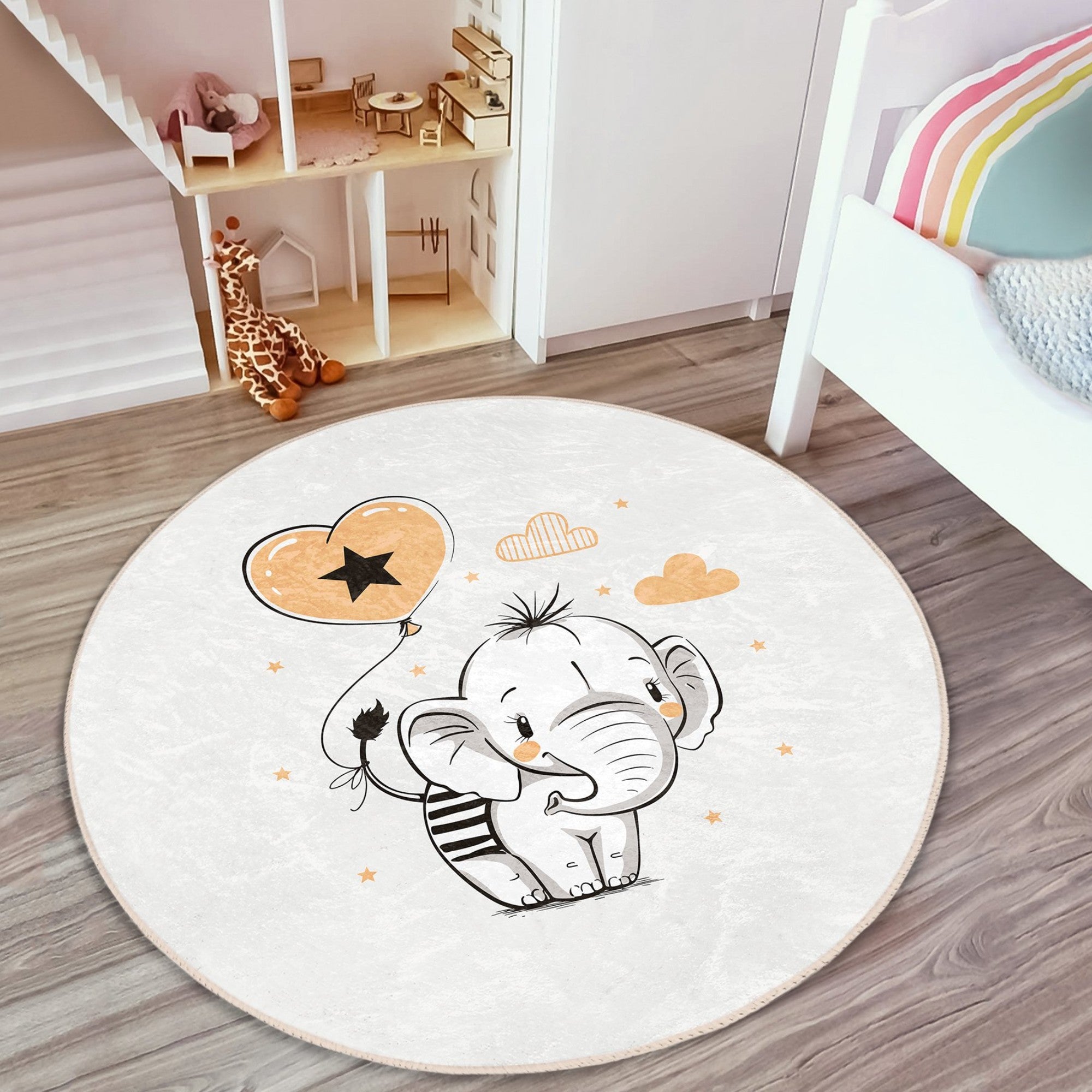 Adorable Baby Elephant Nursery Room Rug featuring a cute elephant design, soft velvet fabric, and vibrant colors, perfect for children's rooms.