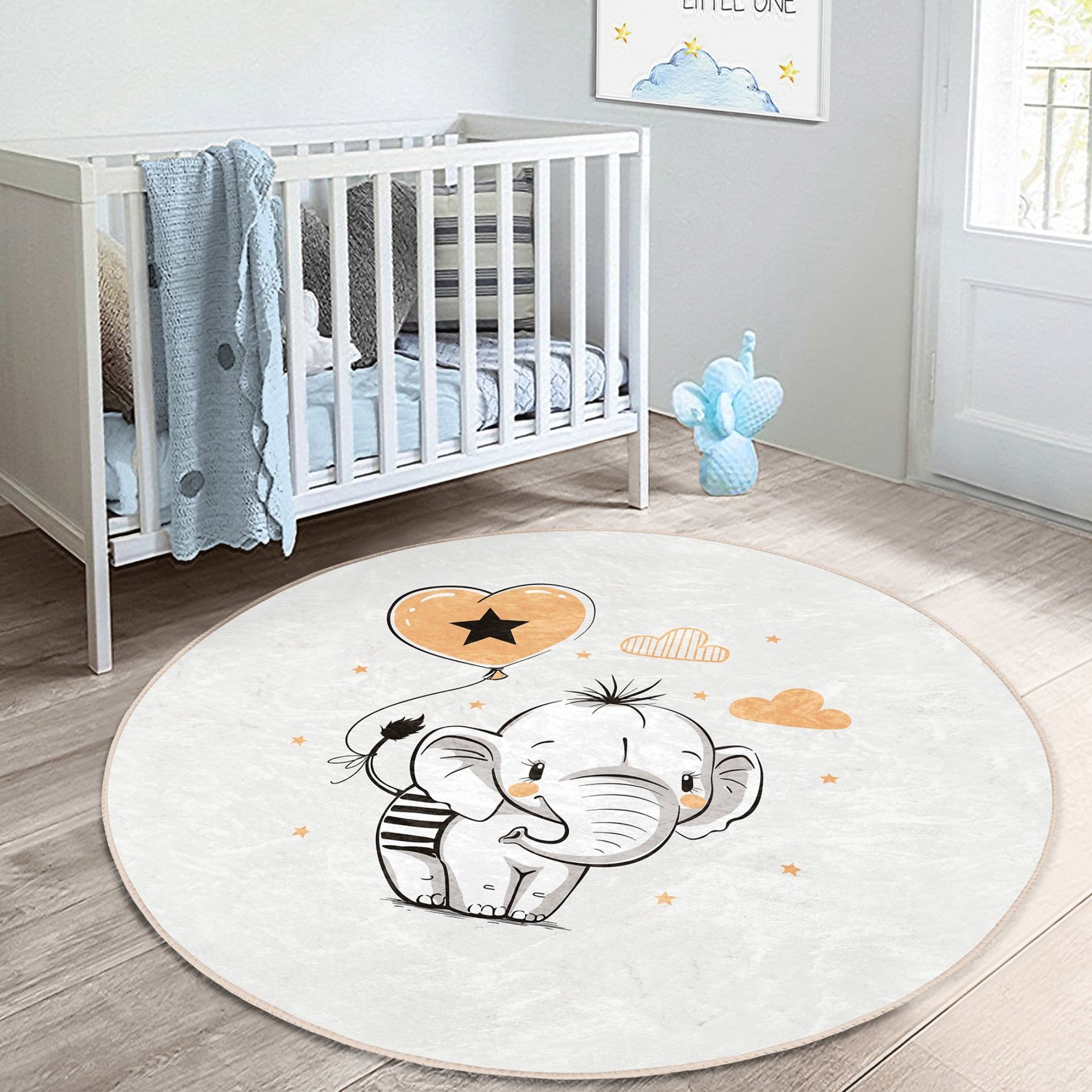 Adorable Baby Elephant Nursery Room Rug featuring a cute elephant design, soft velvet fabric, and vibrant colors, perfect for children's rooms.