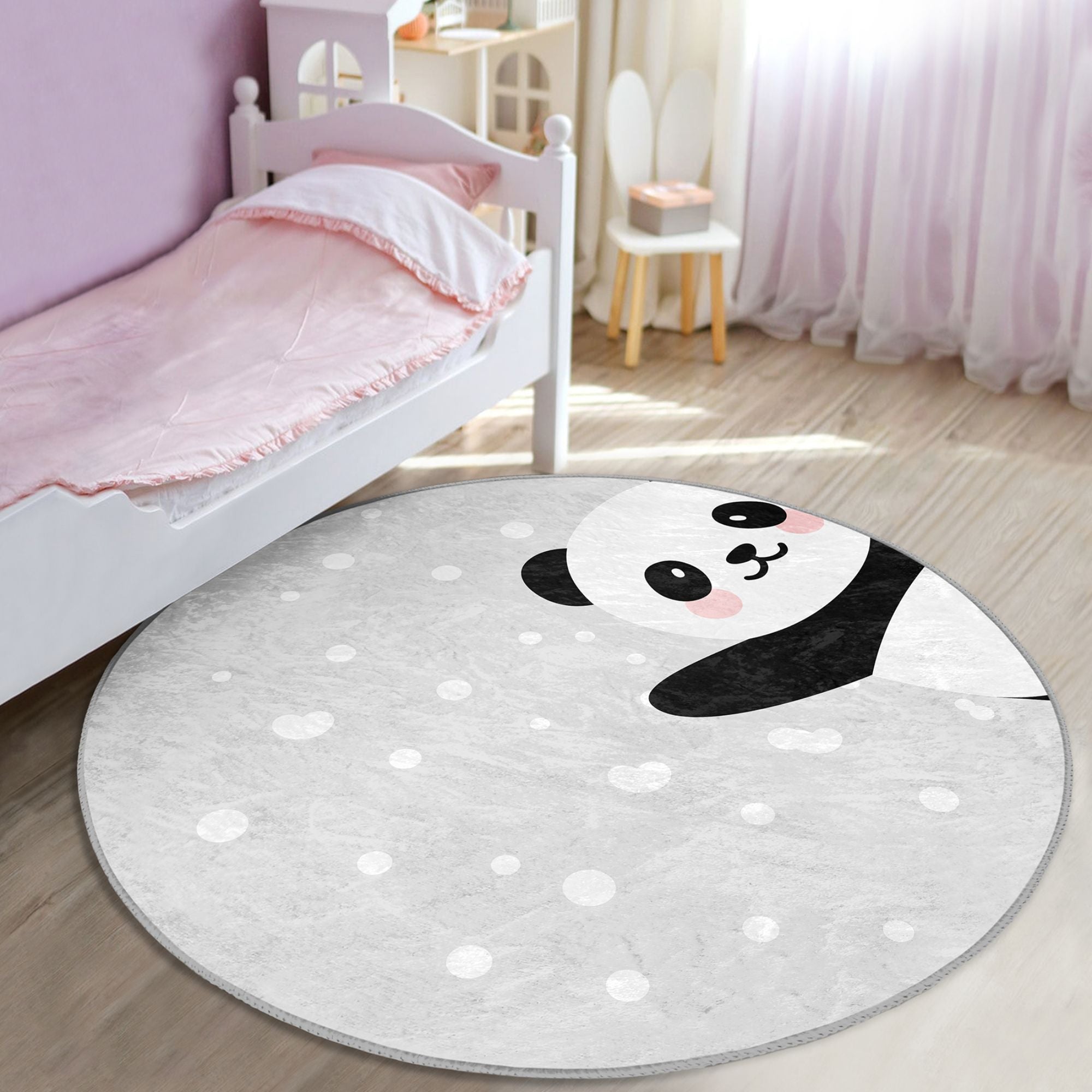 Adorable Panda on Grey Kids Rug featuring a cute panda design on a soft grey background, perfect for nurseries and children's rooms.