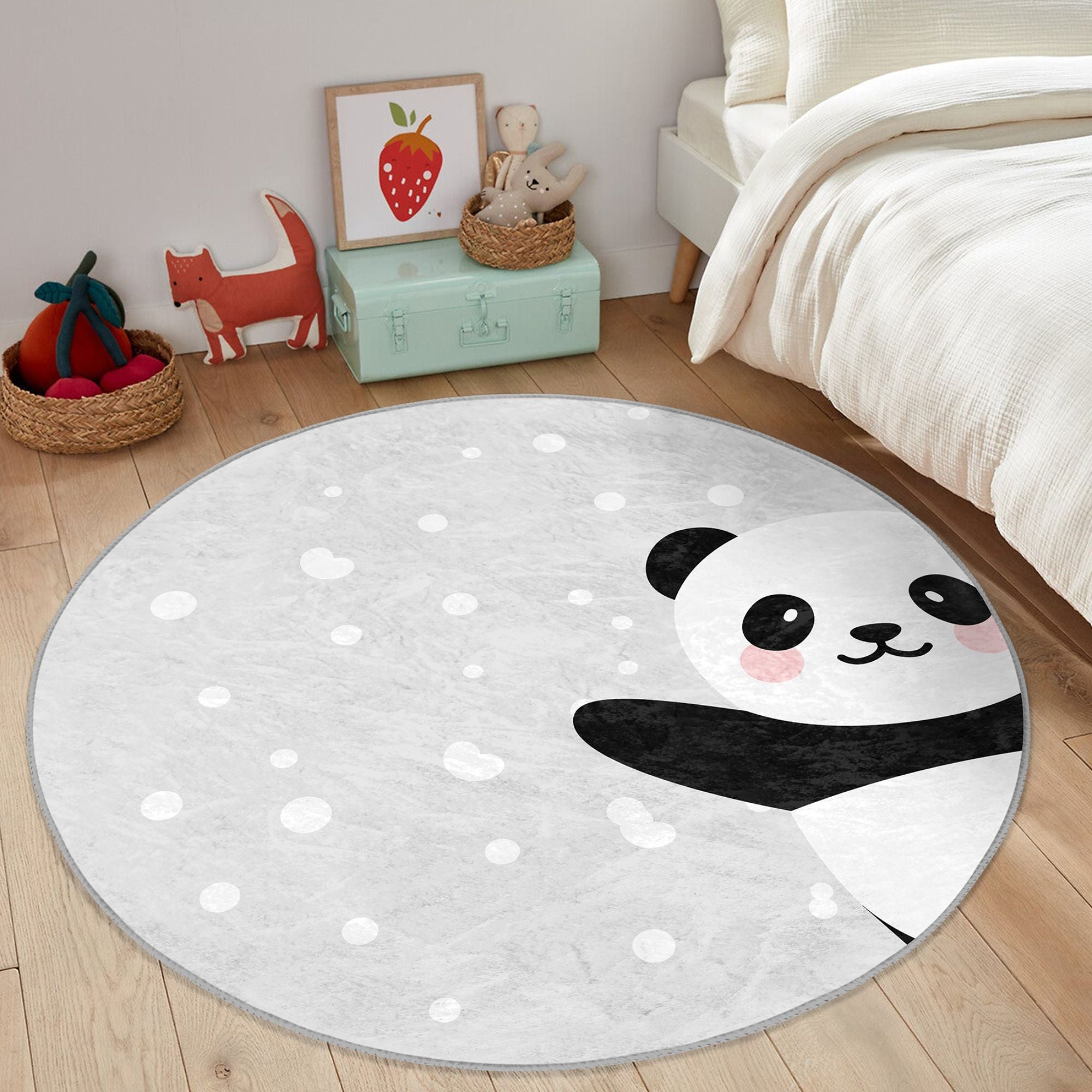 Adorable Panda on Grey Kids Rug featuring a cute panda design on a soft grey background, perfect for nurseries and children's rooms.