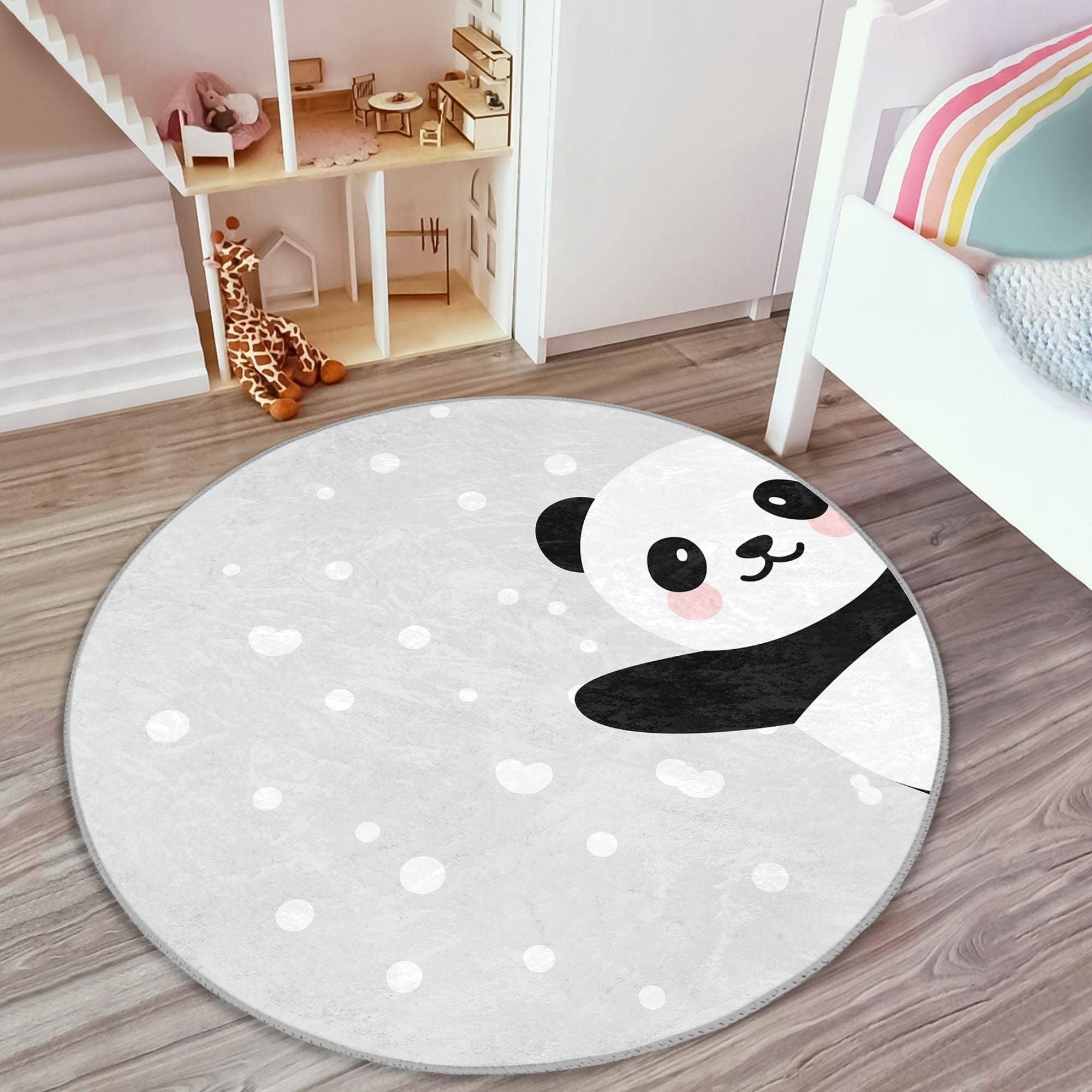 Adorable Panda on Grey Kids Rug featuring a cute panda design on a soft grey background, perfect for nurseries and children's rooms.