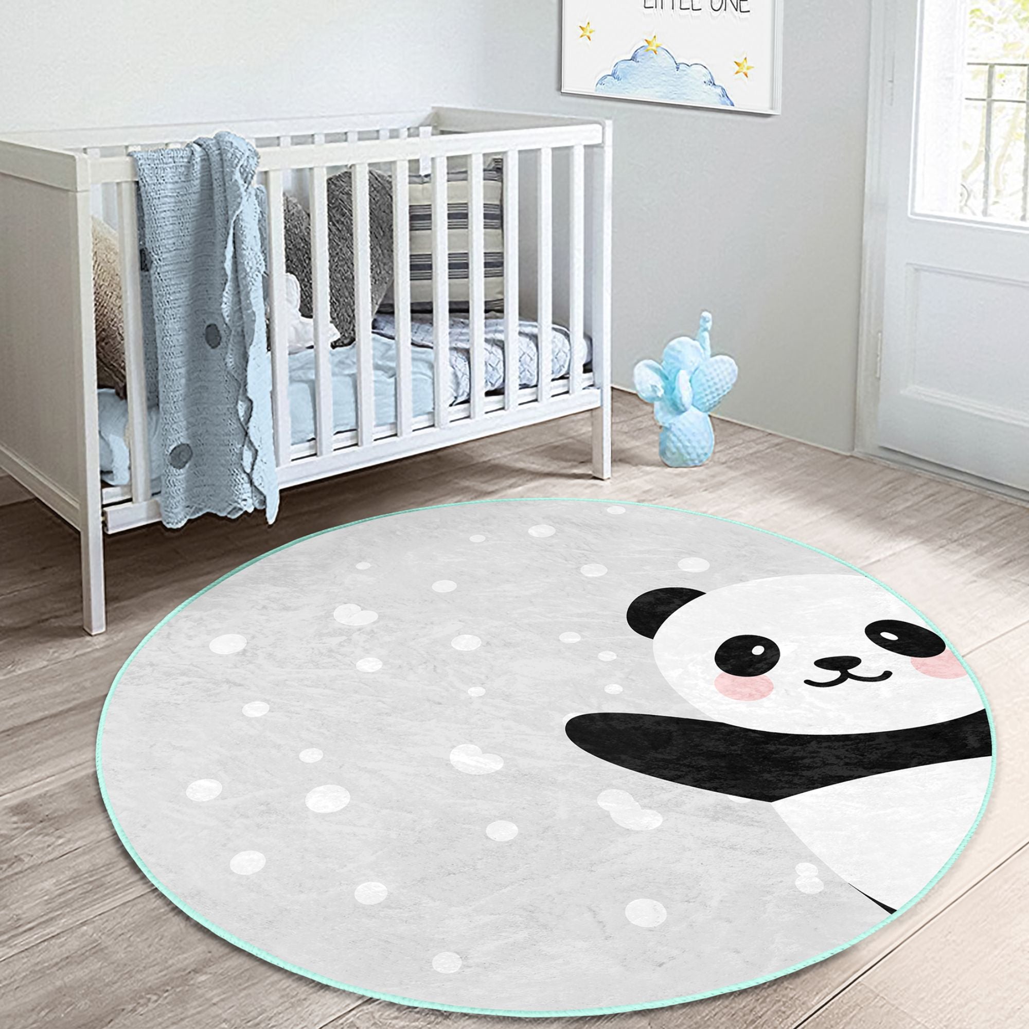 Adorable Panda on Grey Kids Rug featuring a cute panda design on a soft grey background, perfect for nurseries and children's rooms.