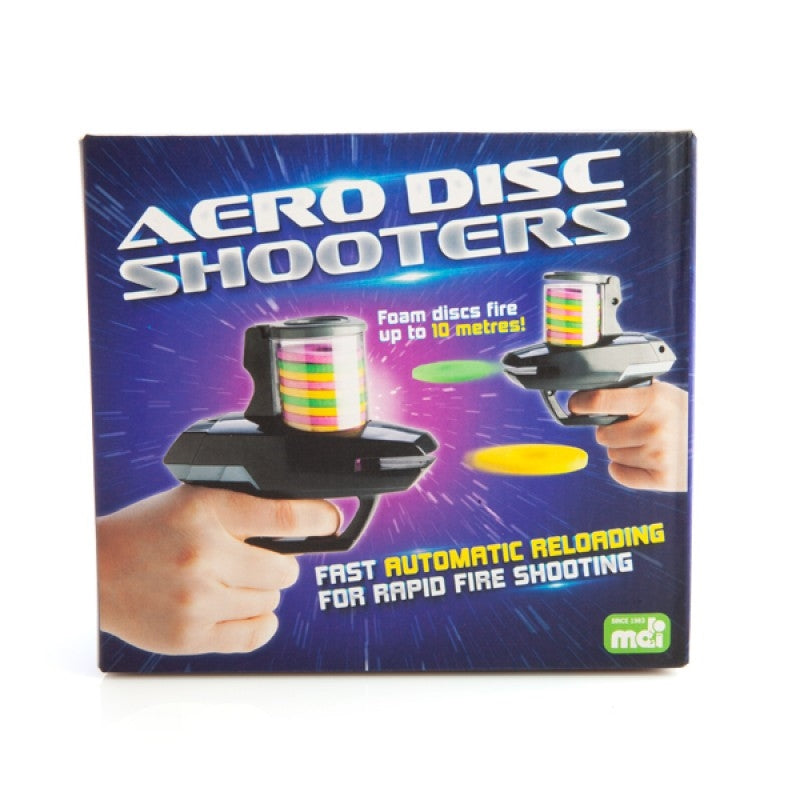 Aero Disc Shooters set featuring two colorful shooters and foam discs in action.