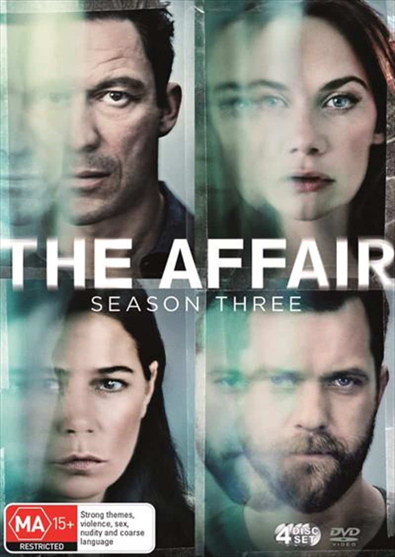 Affair - Season 3 DVD cover featuring main characters in a dramatic pose, highlighting themes of intrigue and betrayal.