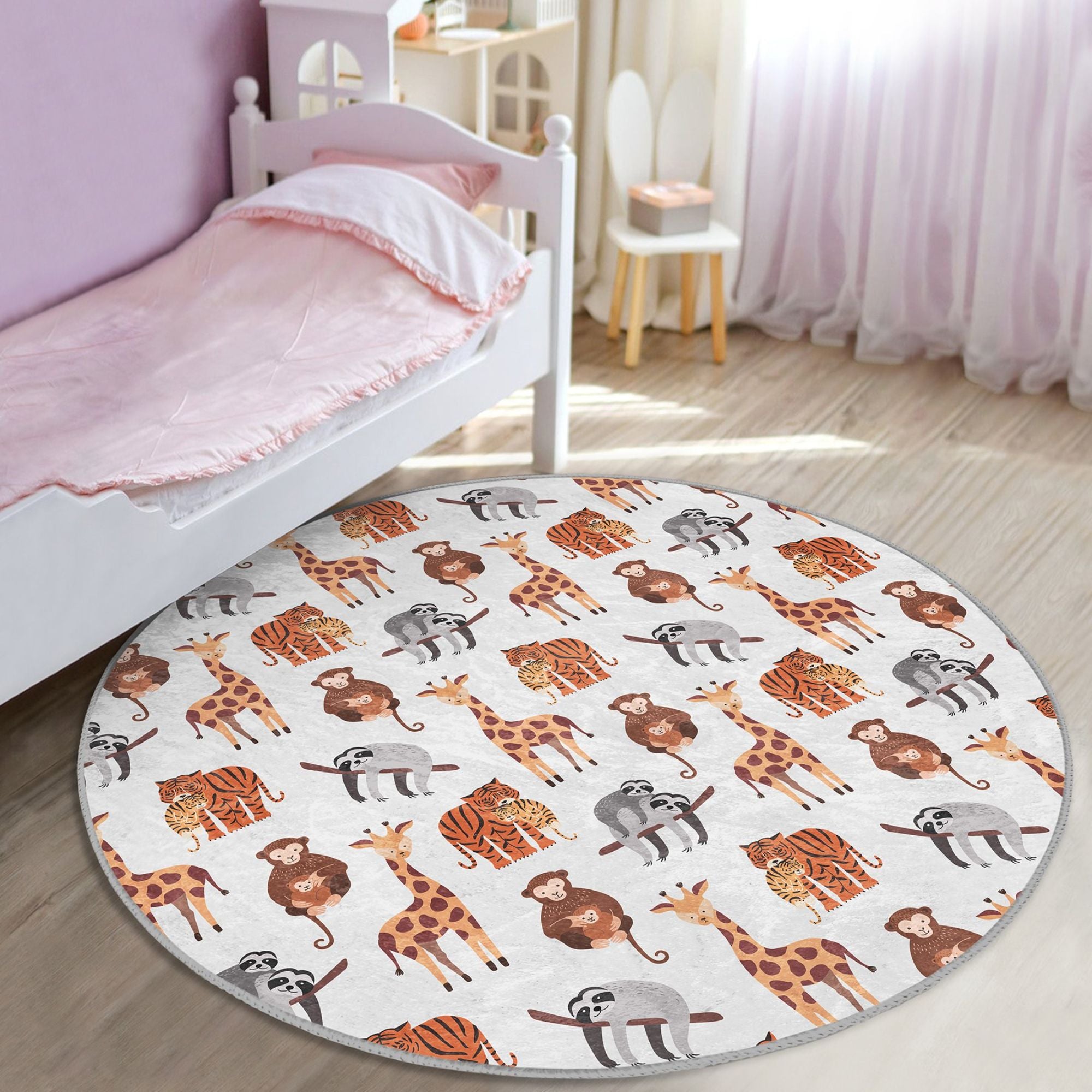 A colorful kids washable rug featuring various African animals, designed for comfort and style in children's rooms.