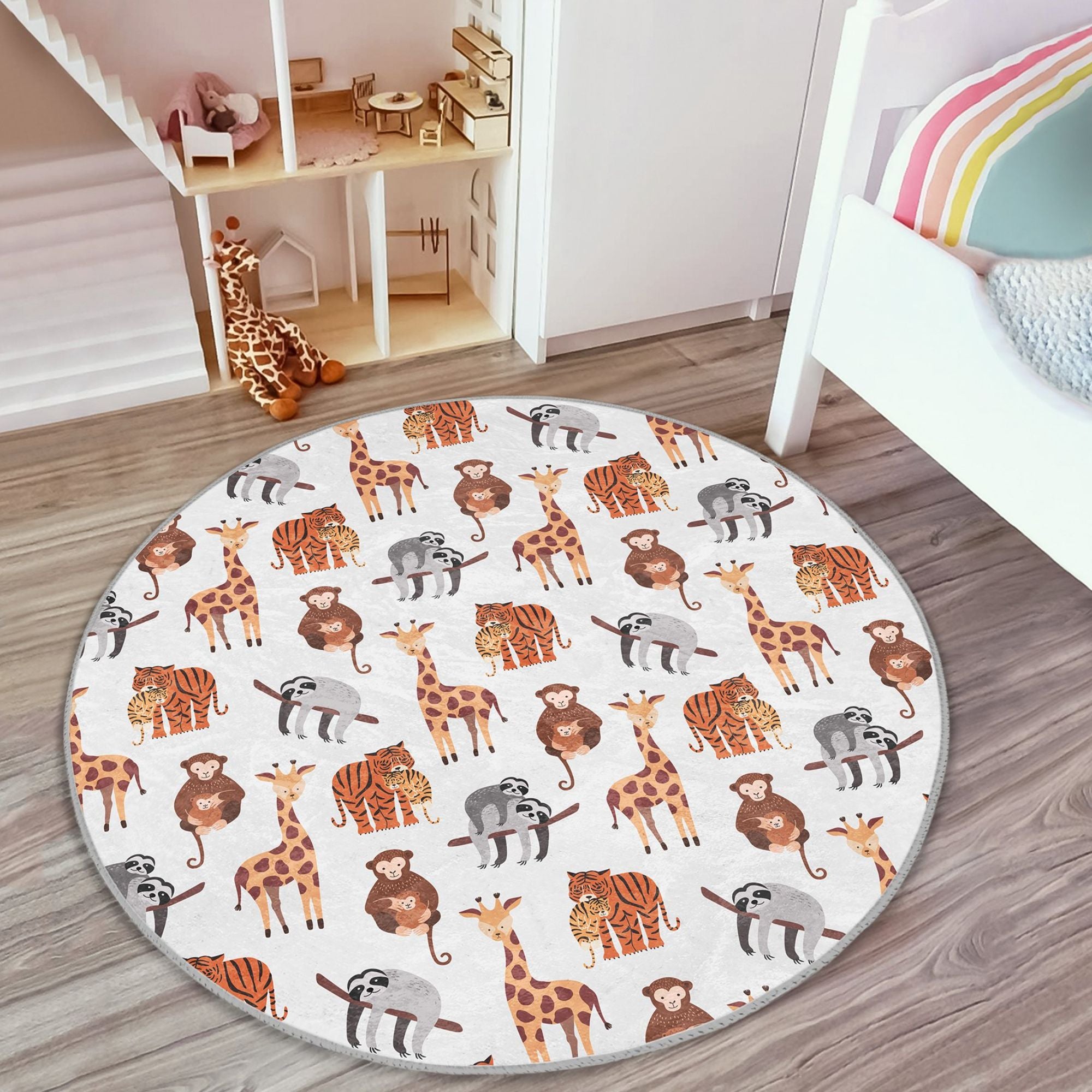 A colorful kids washable rug featuring various African animals, designed for comfort and style in children's rooms.