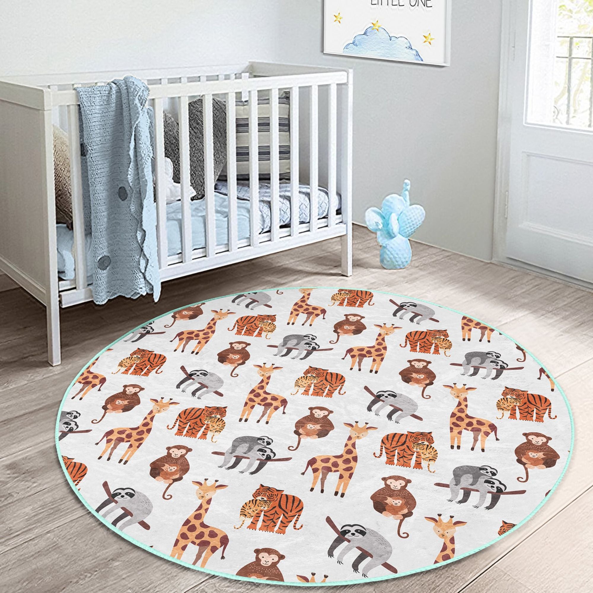 A colorful kids washable rug featuring various African animals, designed for comfort and style in children's rooms.