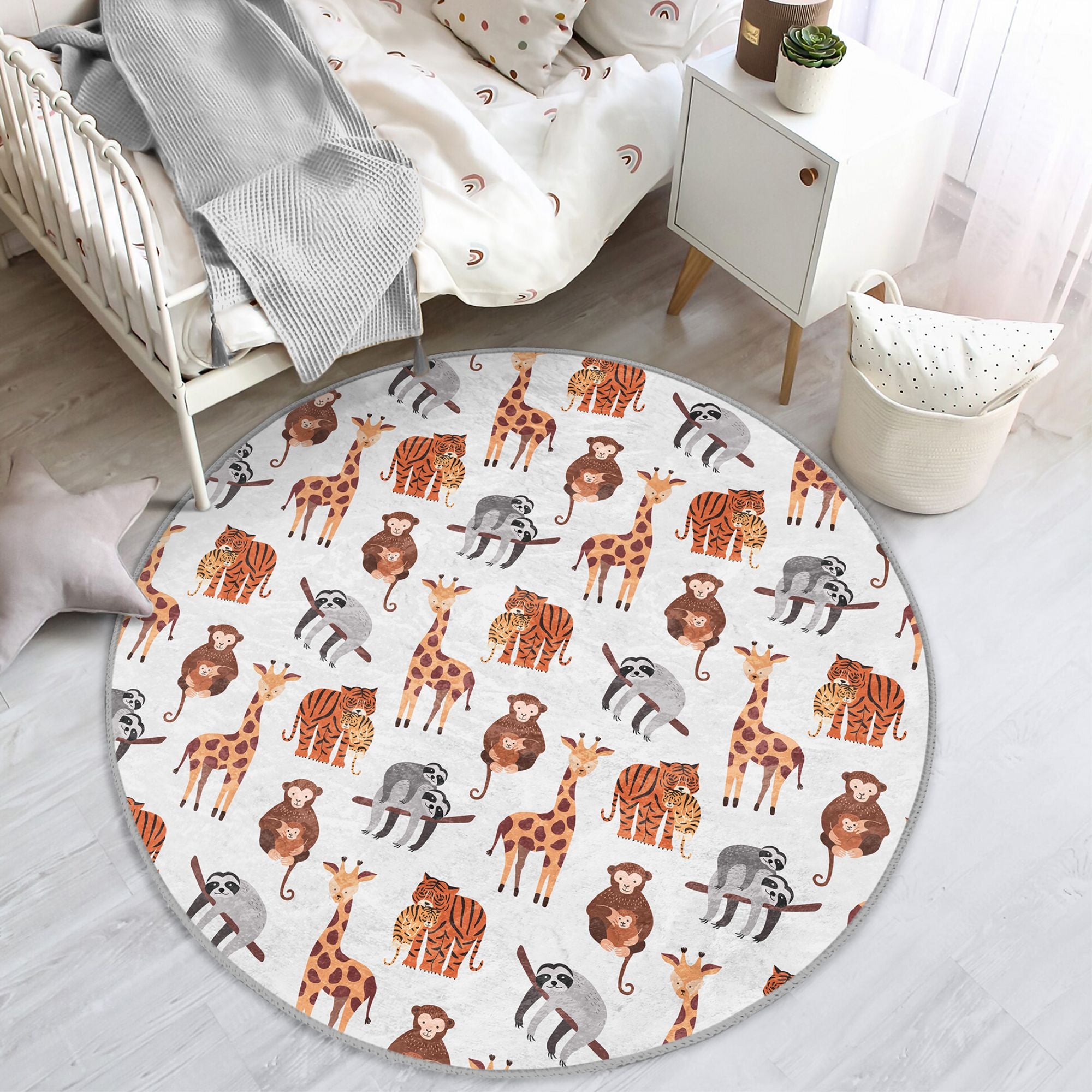 A colorful kids washable rug featuring various African animals, designed for comfort and style in children's rooms.