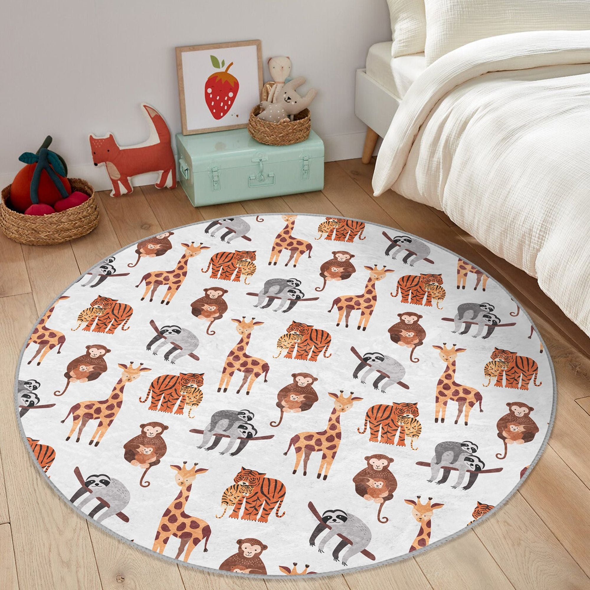 A colorful kids washable rug featuring various African animals, designed for comfort and style in children's rooms.