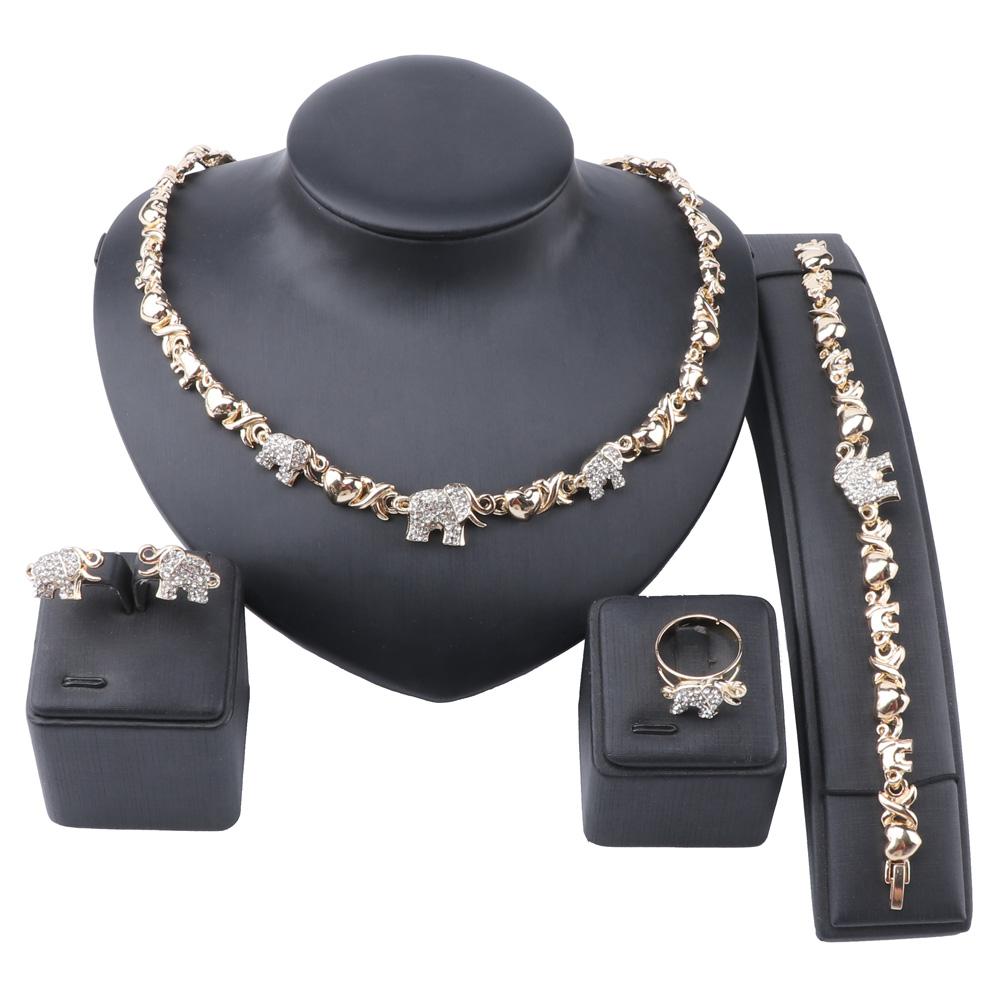 Elegant African Jewelry set featuring an elephant design with crystal accents, including a necklace and earrings in gold and silver plating.