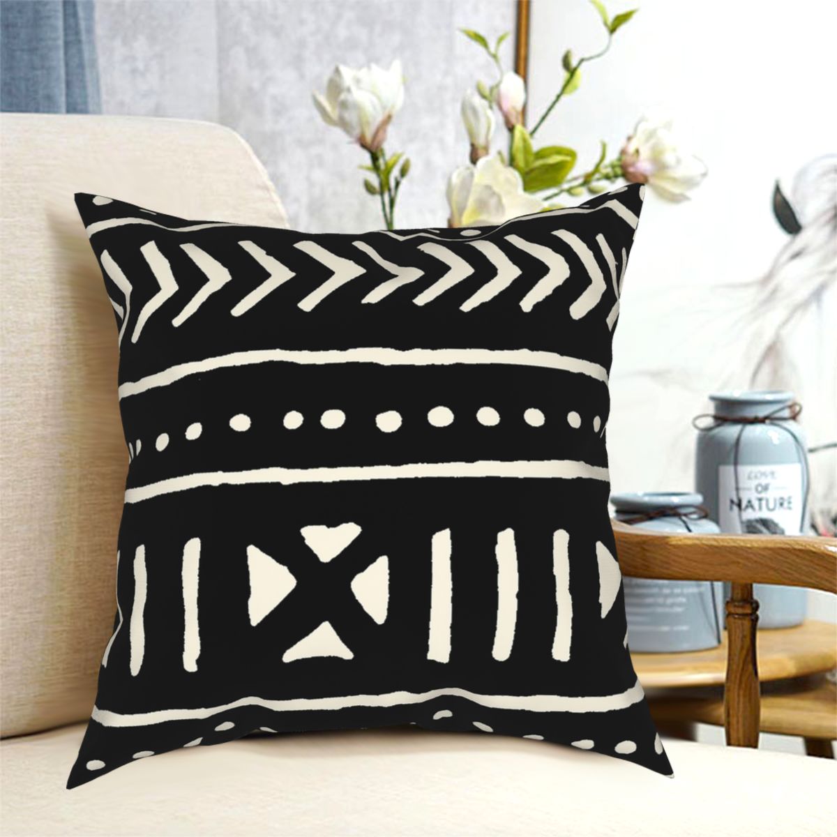 African Mud Cloth Square Cushion Cover featuring intricate patterns and vibrant colors, made from durable polyester.