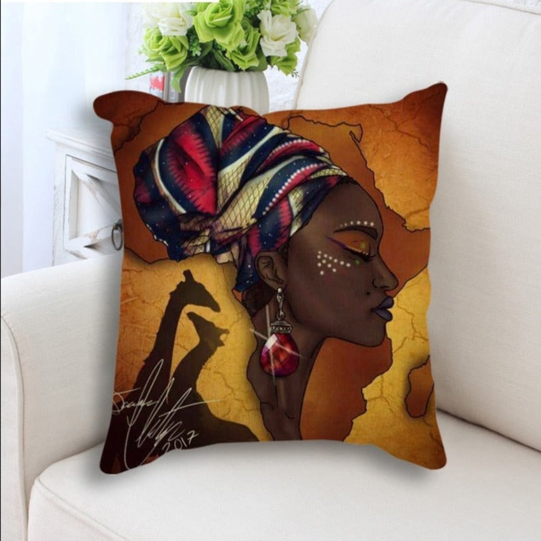 African Oil Painting Cushion Cover featuring an elegant oil painting of an African lady on a linen/cotton blend fabric.