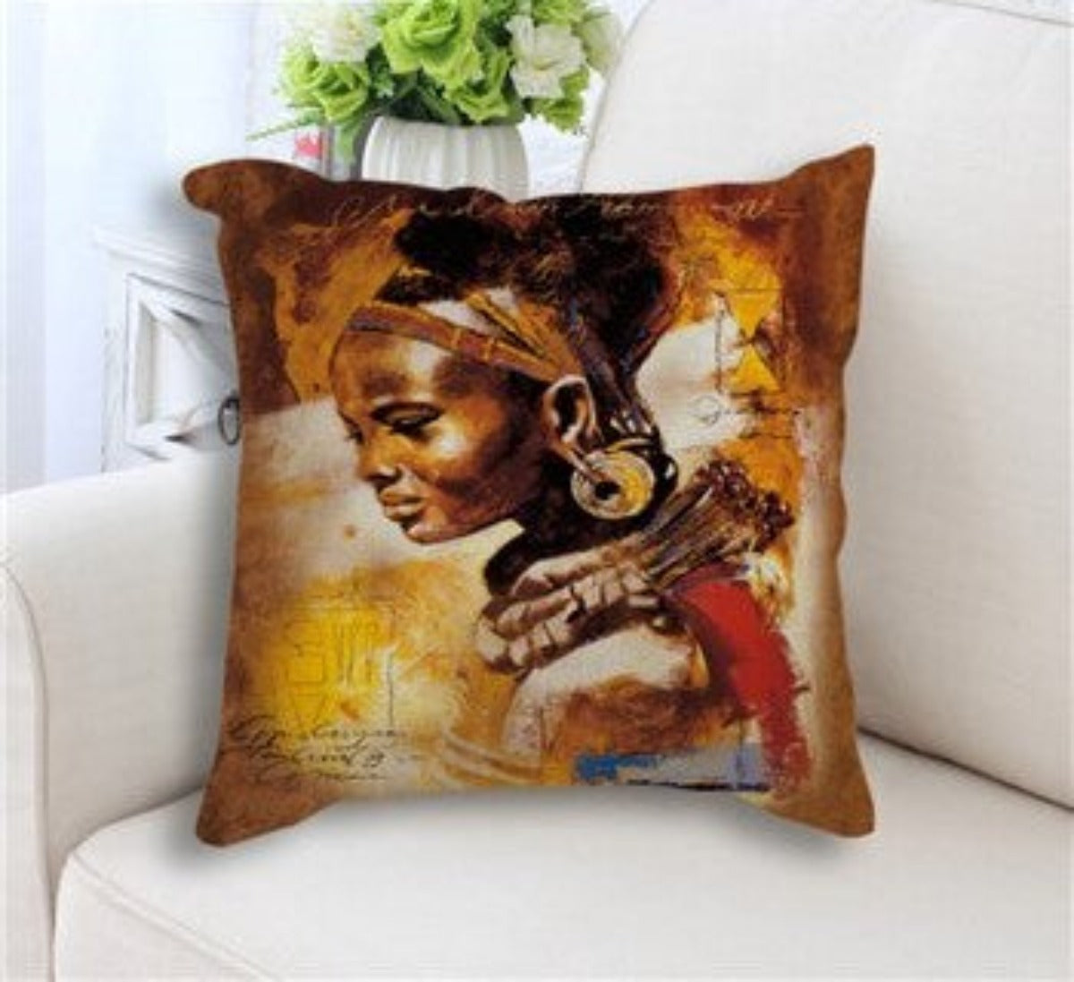 African Oil Painting Cushion Cover featuring an elegant oil painting of an African lady on a linen/cotton blend fabric.