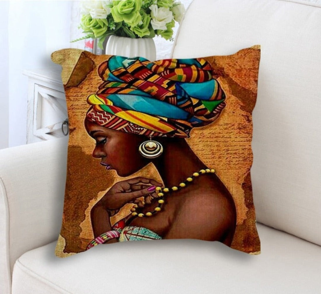 African Oil Painting Cushion Cover featuring an elegant oil painting of an African lady on a linen/cotton blend fabric.