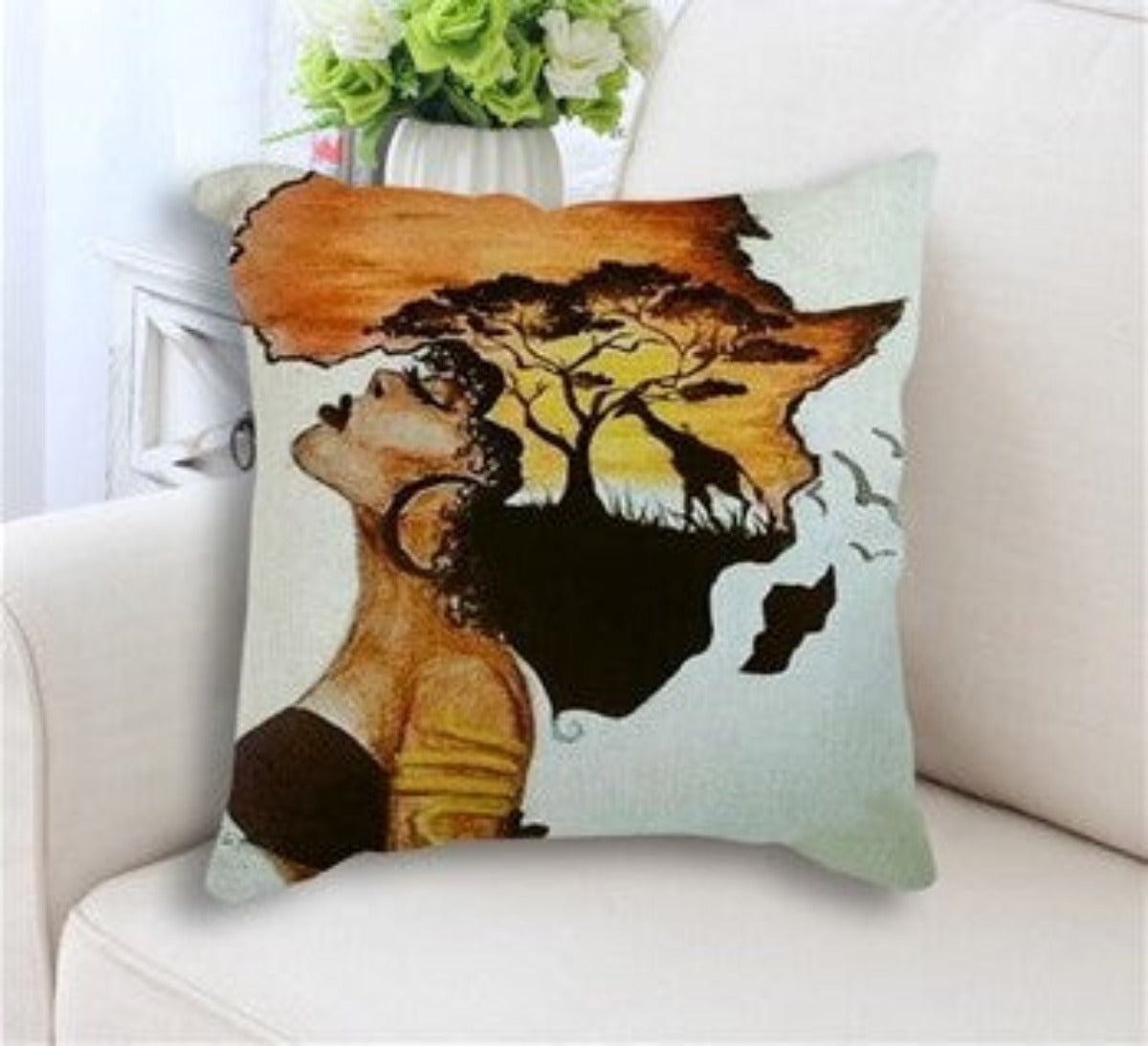 African Oil Painting Cushion Cover featuring an elegant oil painting of an African lady on a linen/cotton blend fabric.