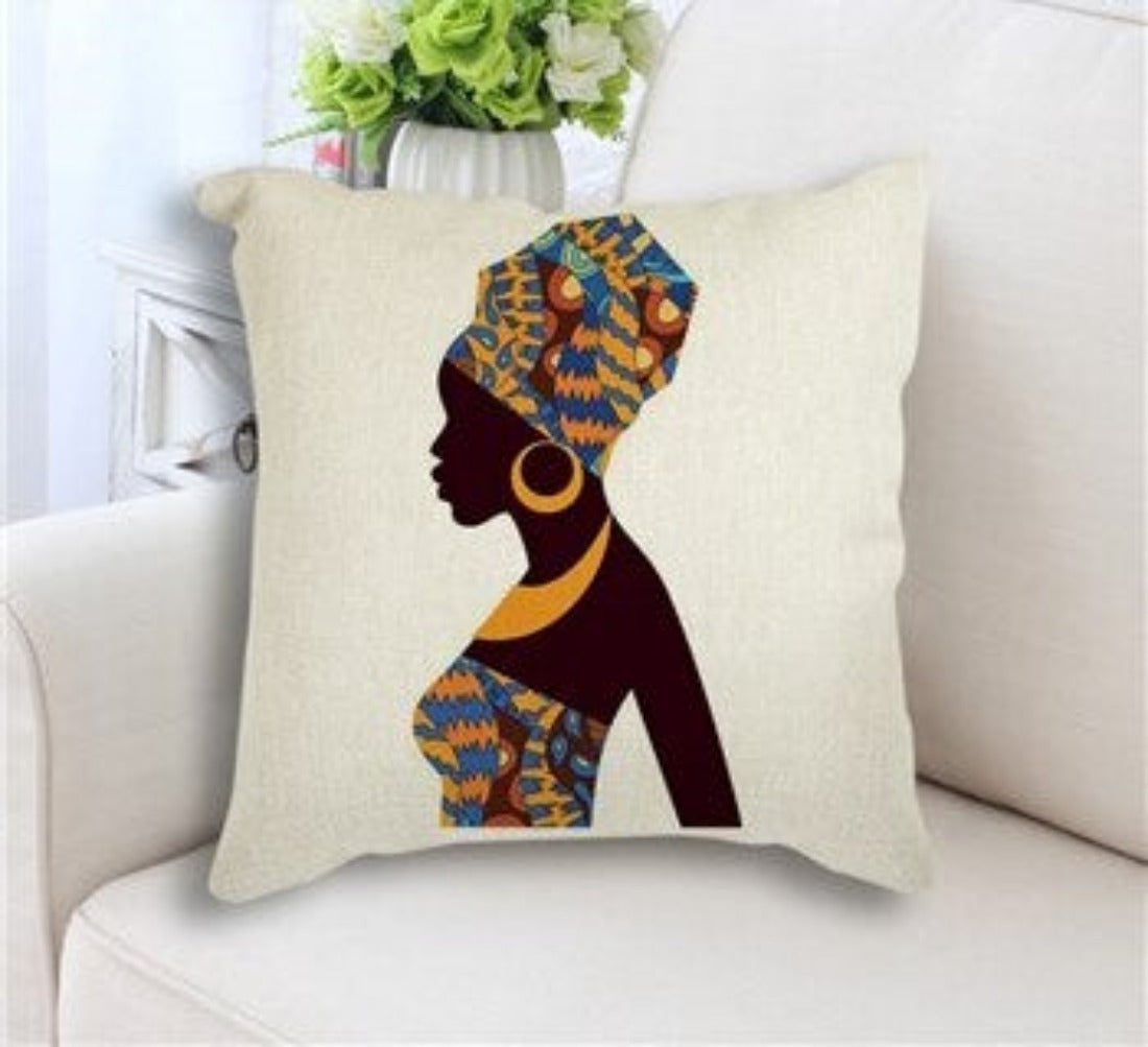 African Oil Painting Cushion Cover featuring an elegant oil painting of an African lady on a linen/cotton blend fabric.