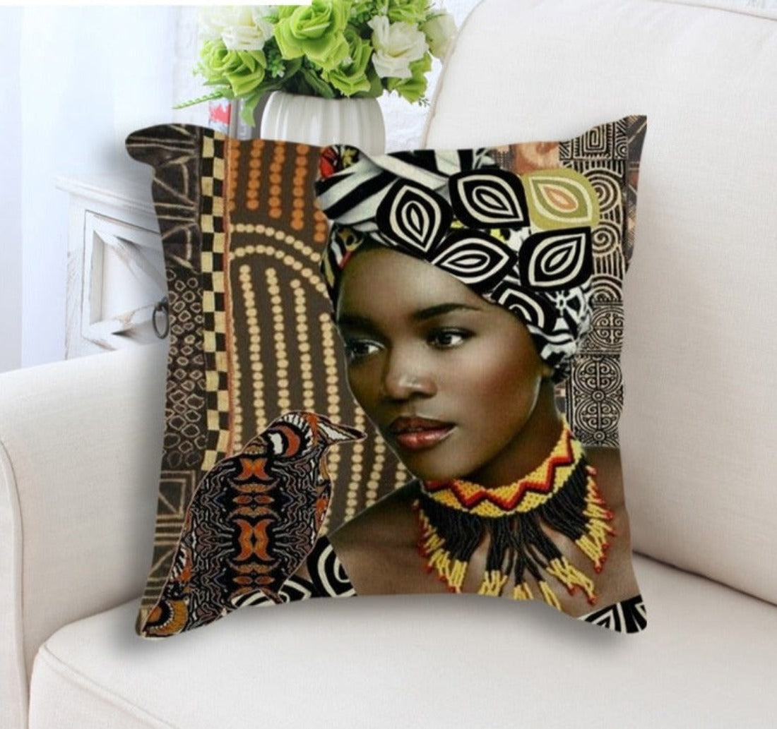 African Oil Painting Cushion Cover featuring an elegant oil painting of an African lady on a linen/cotton blend fabric.