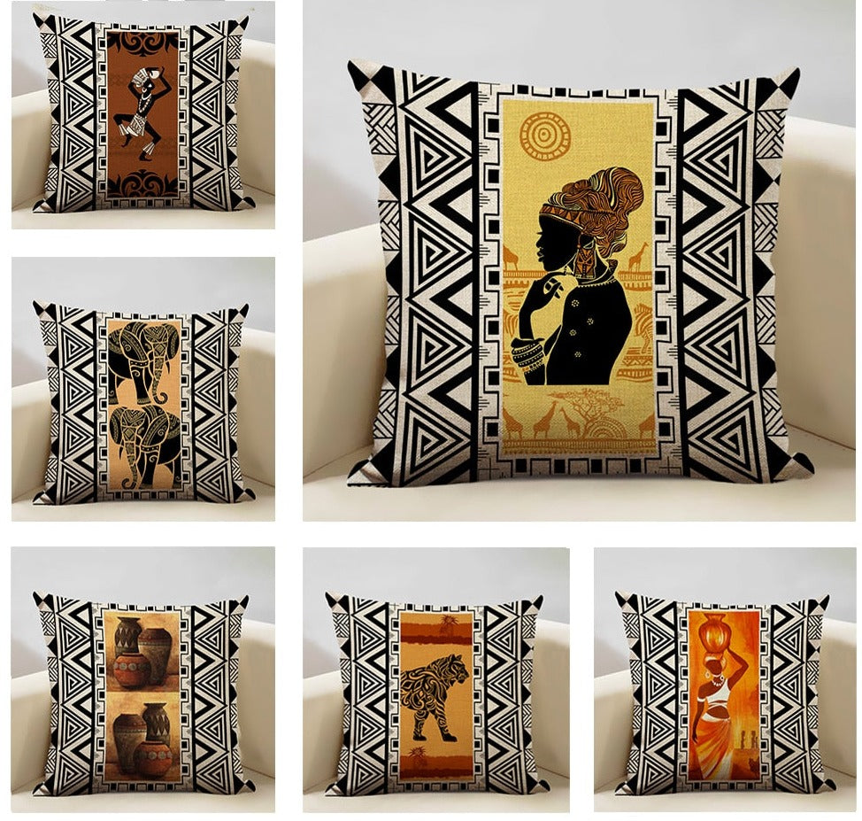 A vibrant African Painting Printed Cushion Cover showcasing intricate designs and colors, perfect for home decor.