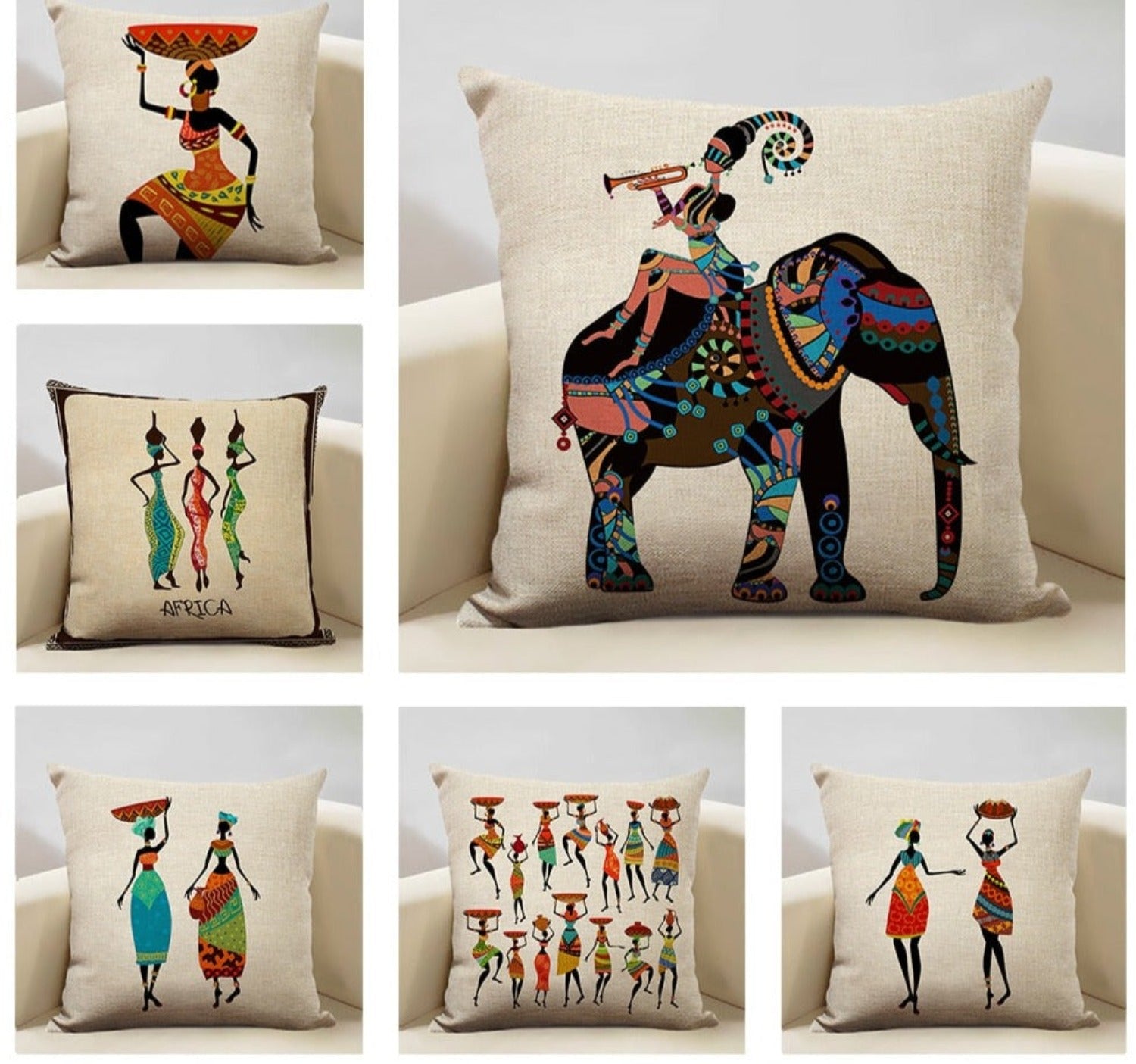 African Woman Dance Geometric Print Cushion Cover featuring vibrant colors and a dancing lady design, made from linen and cotton.