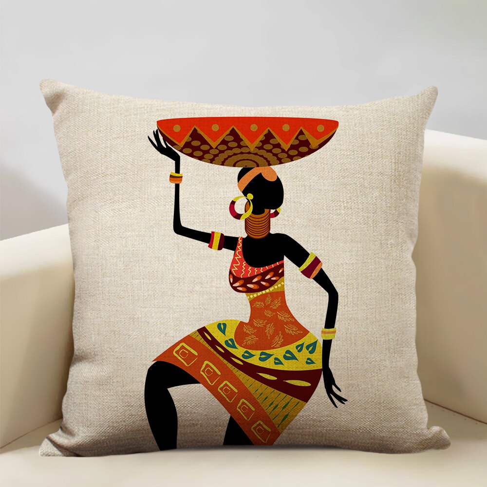 African Woman Dance Geometric Print Cushion Cover featuring vibrant colors and a dancing lady design, made from linen and cotton.