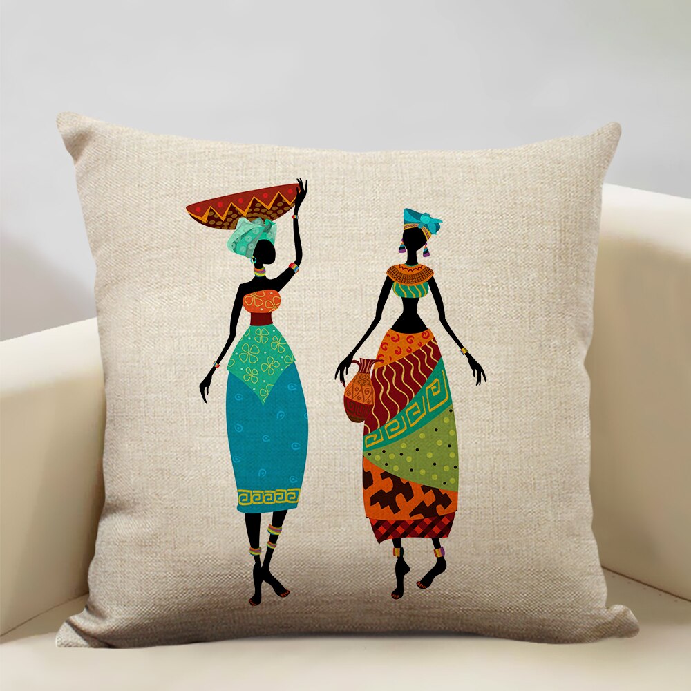 African Woman Dance Geometric Print Cushion Cover featuring vibrant colors and a dancing lady design, made from linen and cotton.