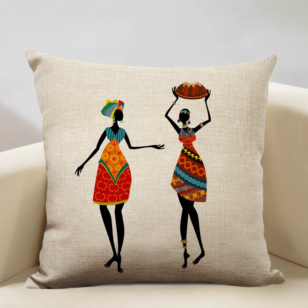 African Woman Dance Geometric Print Cushion Cover featuring vibrant colors and a dancing lady design, made from linen and cotton.