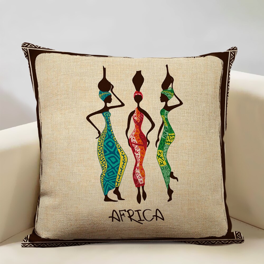 African Woman Dance Geometric Print Cushion Cover featuring vibrant colors and a dancing lady design, made from linen and cotton.