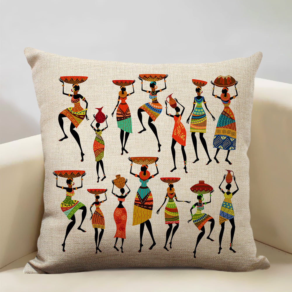 African Woman Dance Geometric Print Cushion Cover featuring vibrant colors and a dancing lady design, made from linen and cotton.