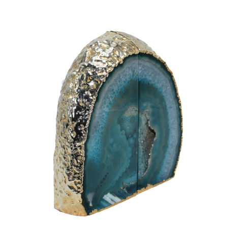 Elegant agate bookends with gold electroplated edges, showcasing vibrant colors and intricate patterns, perfect for home decor.