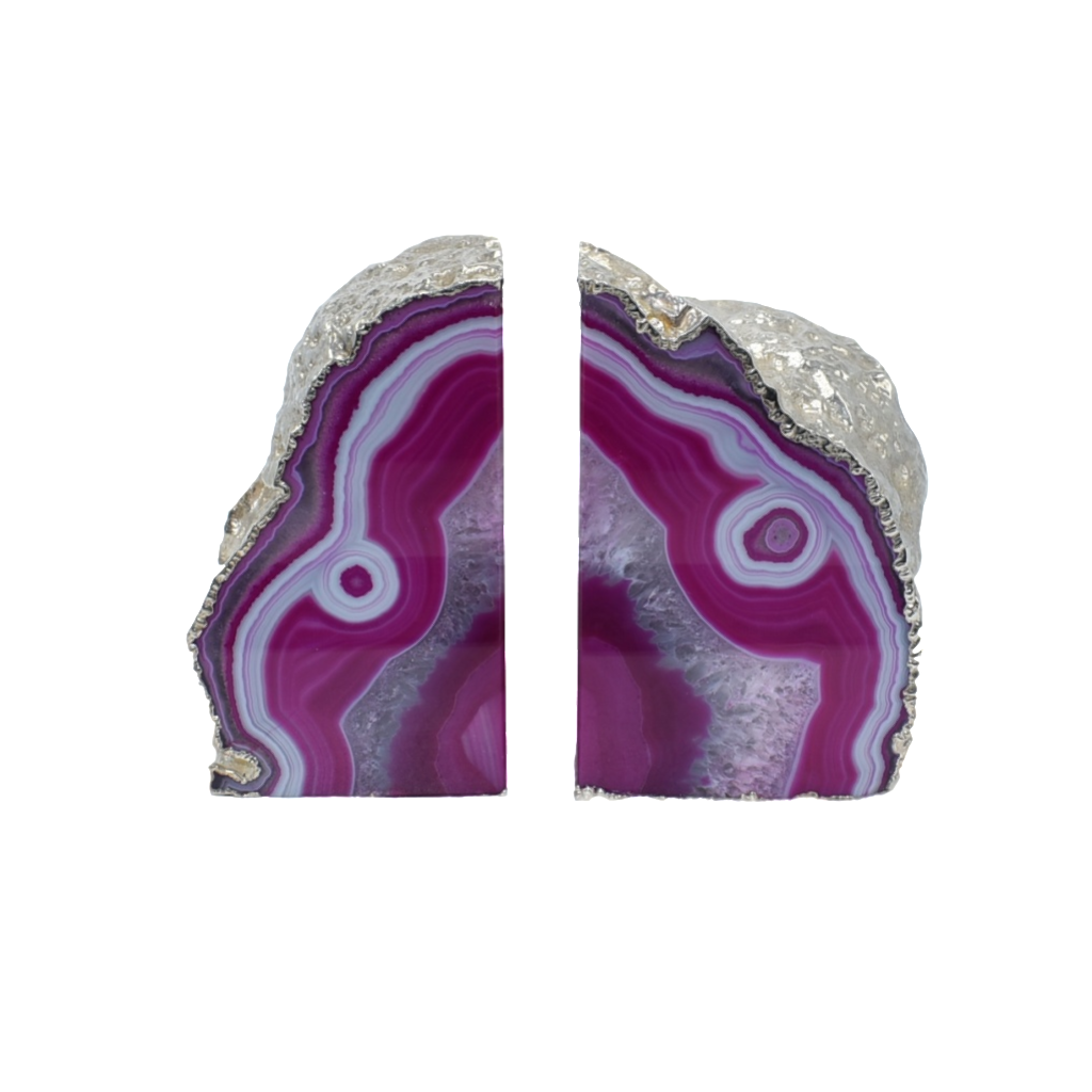 Premium quality agate bookends with silver electroplated crust, showcasing vibrant colors and intricate patterns.