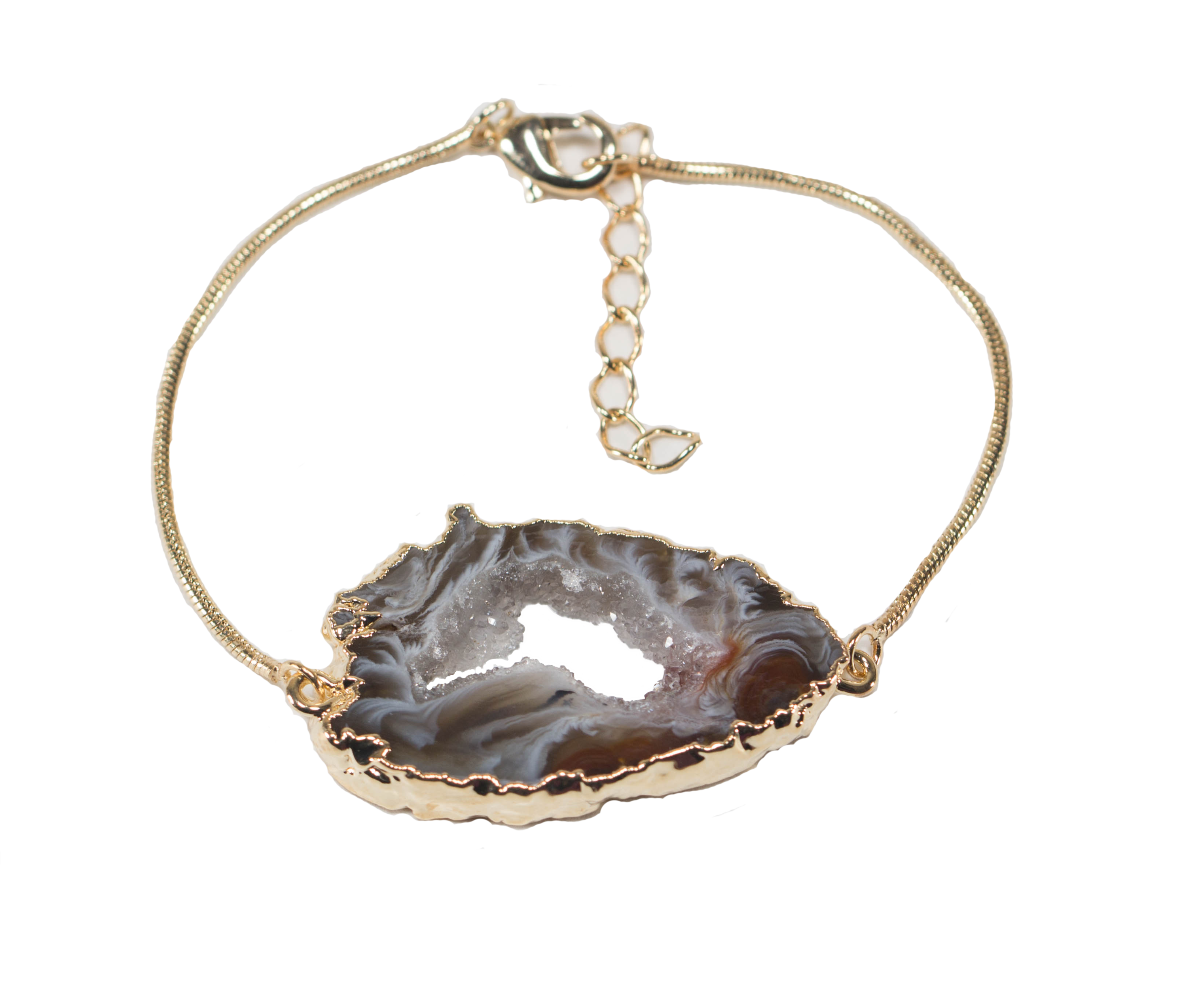 Agate geode bracelet featuring gold or silver trim, showcasing unique patterns and colors of the agate stone.