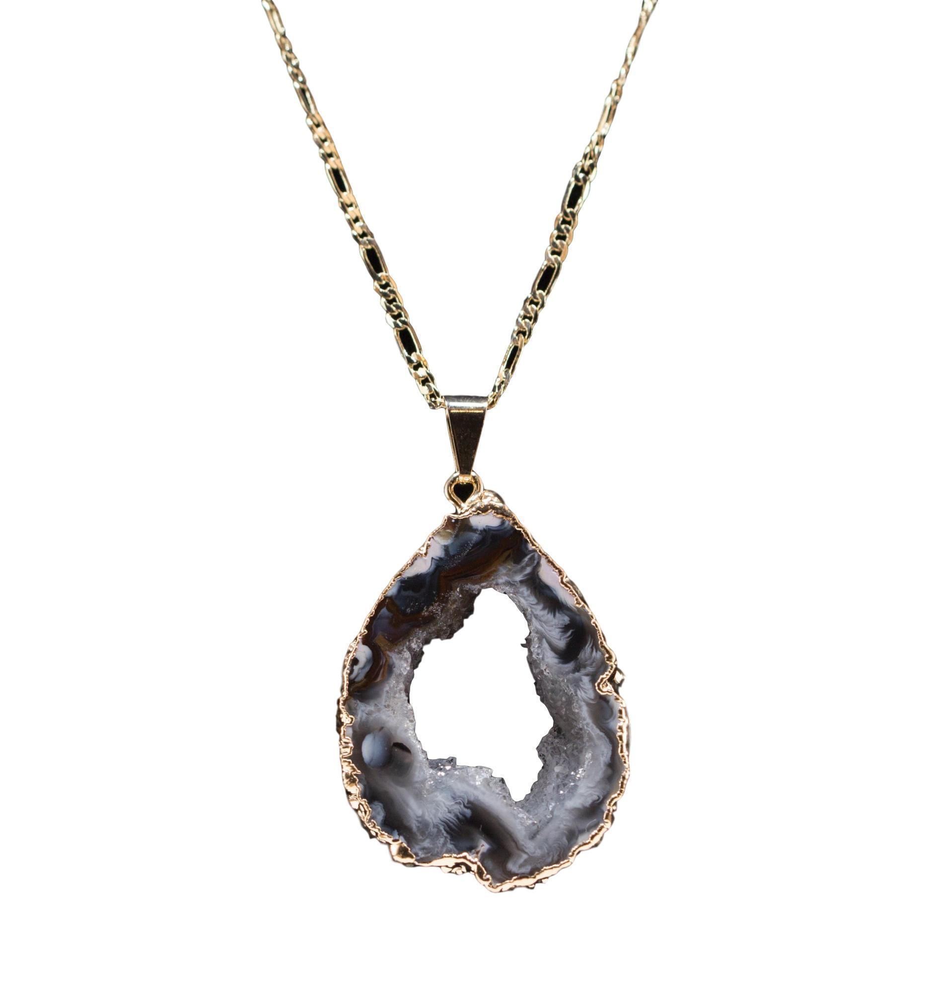 Agate Geode Chain Necklace featuring a sparkling agate geode pendant with gold or silver trim on a delicate chain.