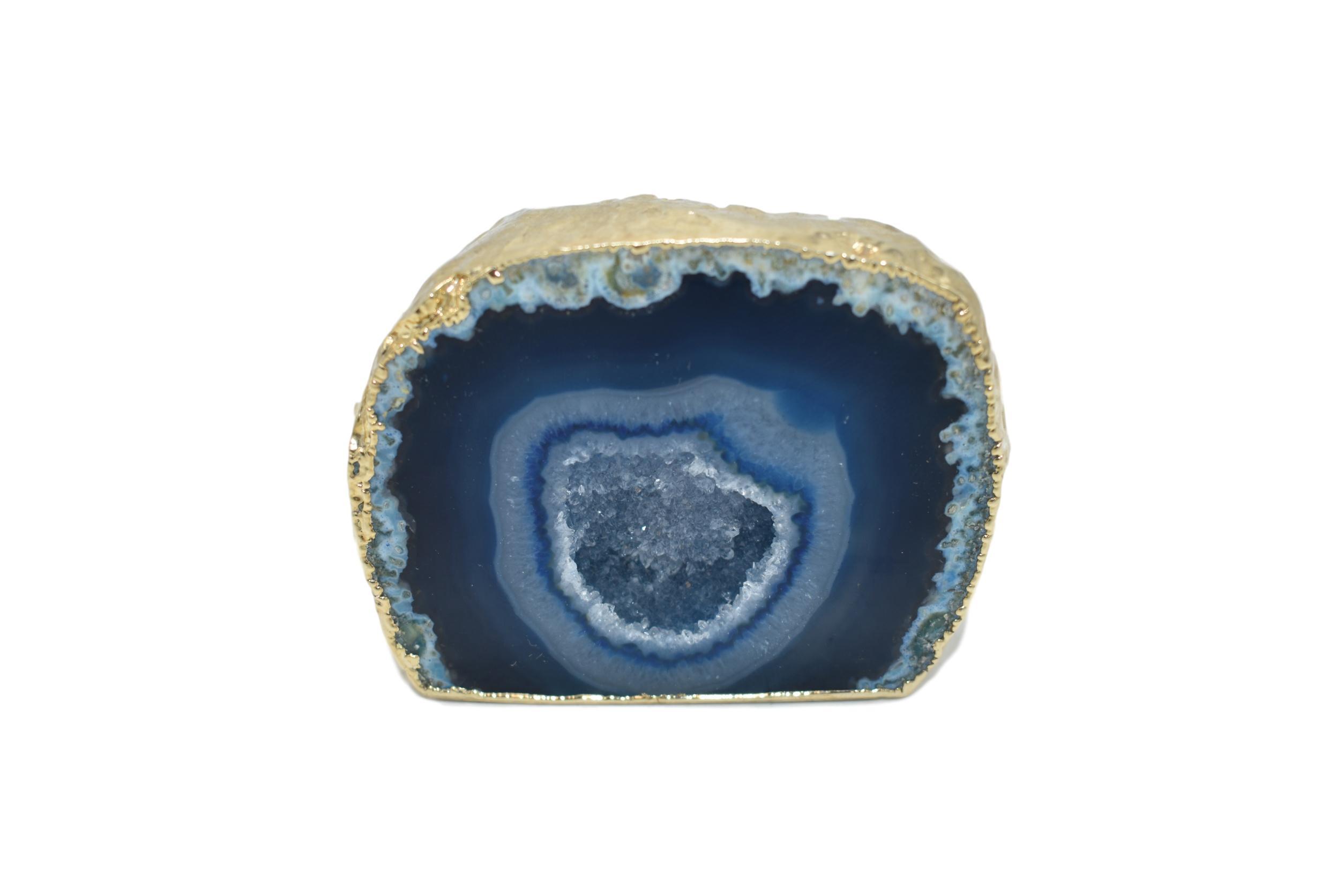 Colorful agate geodes with gold and silver electroplating, showcasing unique patterns and vibrant hues, perfect for home decor.