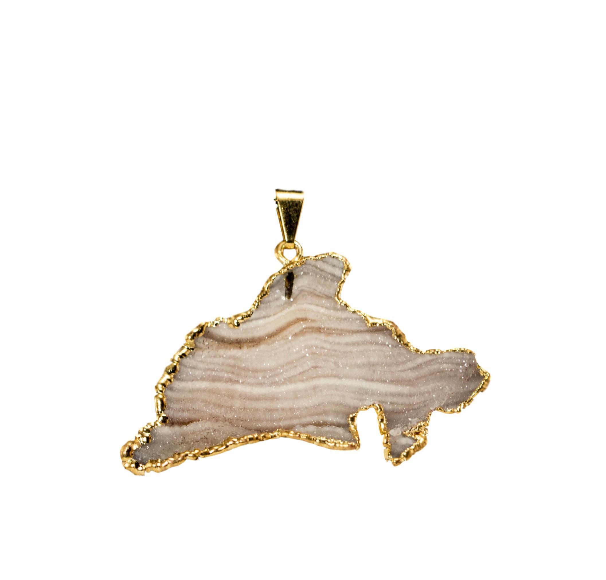 A collection of elegant agate sculpture pendants in various designs, including leaf, heart, and dolphin, trimmed in silver and gold.