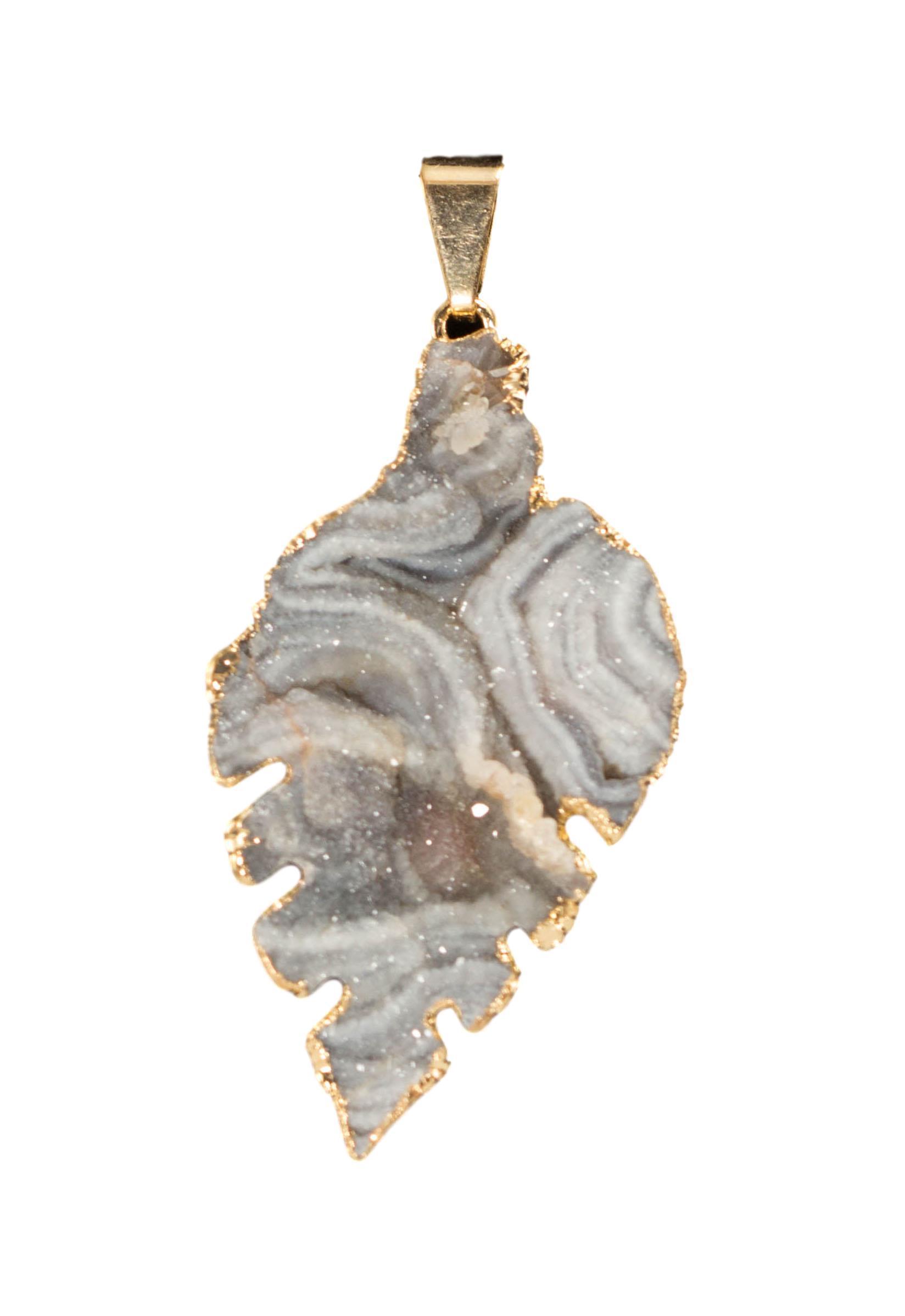 A collection of elegant agate sculpture pendants in various designs, including leaf, heart, and dolphin, trimmed in silver and gold.